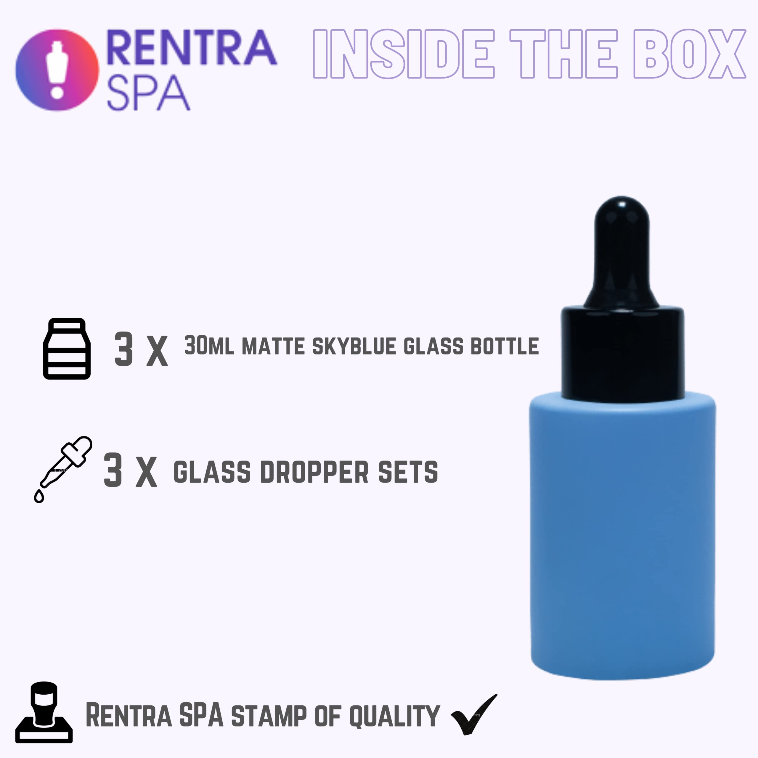 Rentra S.P.A 30ml Matte Sky Blue Glass Bottle Set with Dropper & Black Cap - 3 Pack for Essential Oils, Carrier Oils, DIY Blends, Cosmetics & Serums | Perfect for Aromatherapy, Skincare & Beauty Storage