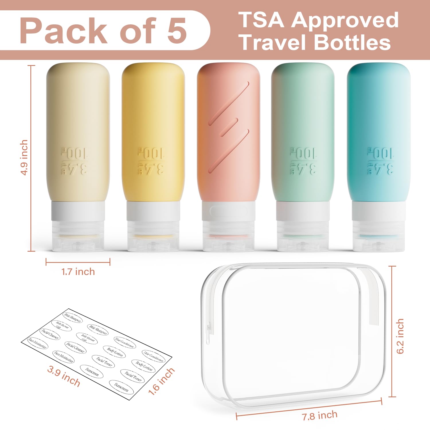 5-Pack TSA Approved 3.4 oz Travel Size Bottles for Toiletries - Leakproof Squeezable Travel Containers for Shampoo, Conditioner & Lotion - Perfect for Airplane Carry-On, Gym & Vacation Essentials