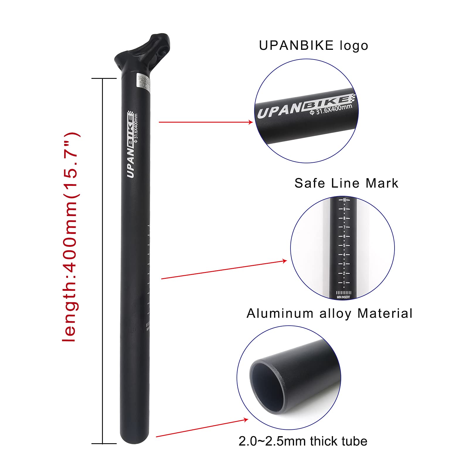 UPANBIKE Bicycle Seat Post - 27.2mm/30.9mm/31.6mm Aluminum Alloy Bike Seatpost, 400mm Length for MTB, Mountain Bike, Road Bike & BMX (27.2mm Black) - Perfect for Cycling, Commuting & Outdoor Adventures