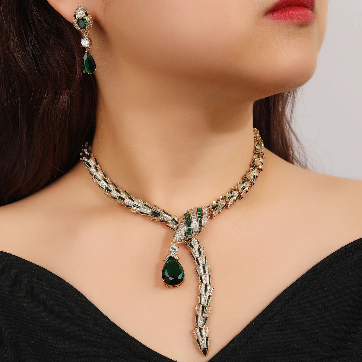 Luxury Cubic Zirconia Snake Necklace & Earrings Set for Women - Animal Jewelry for Party, Evening & Special Occasions - Fashion Costume Accessories CN11527T