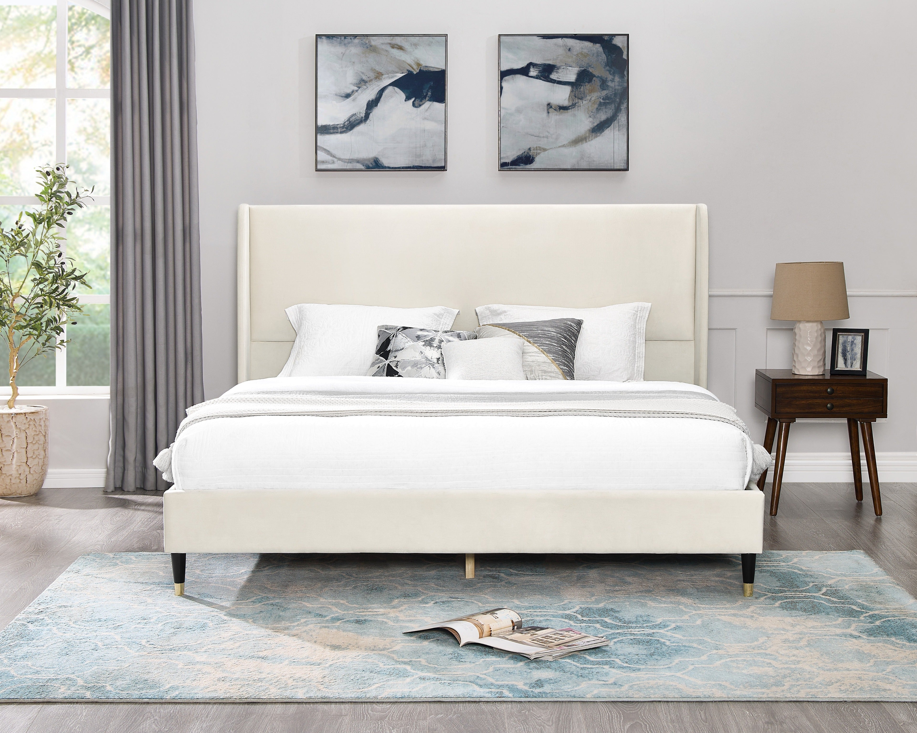 Roundhill Furniture Rozitta Upholstered Wingback Platform Bed Frame - Queen Size Upholstered Bed with Button Tufted Headboard for Bedroom, Modern Luxury Bed Frame with Sturdy Wooden Slat Support (Perfect for Master Bedroom, Guest Room or Apartment)