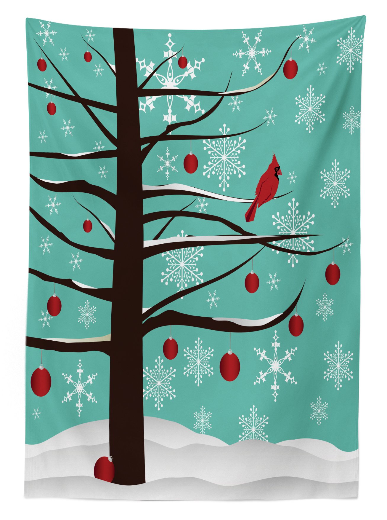 Lunarable Winter Cardinal Outdoor Tablecloth - Snowflakes & Red Bird on Tree Branch Design, Washable Picnic Table Cover 58x104 Inches in Sea Green, Brown & Red - Perfect for Holiday Dinners, Christmas Decorations & Outdoor Gatherings