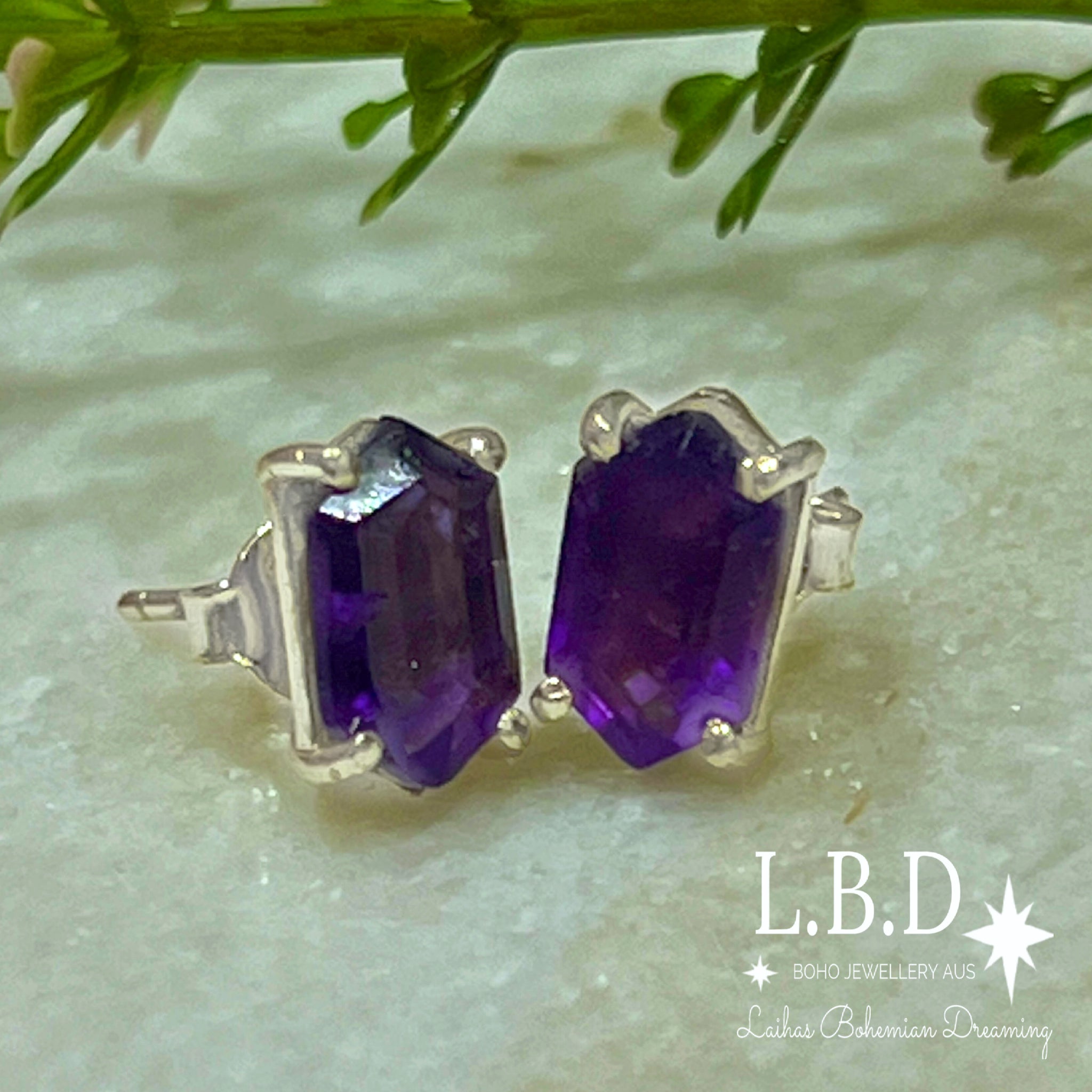 Hexagon Amethyst Stud Earrings for Women - Genuine Purple Crystal Earrings for Daily Wear, Gift Giving & Special Occasions