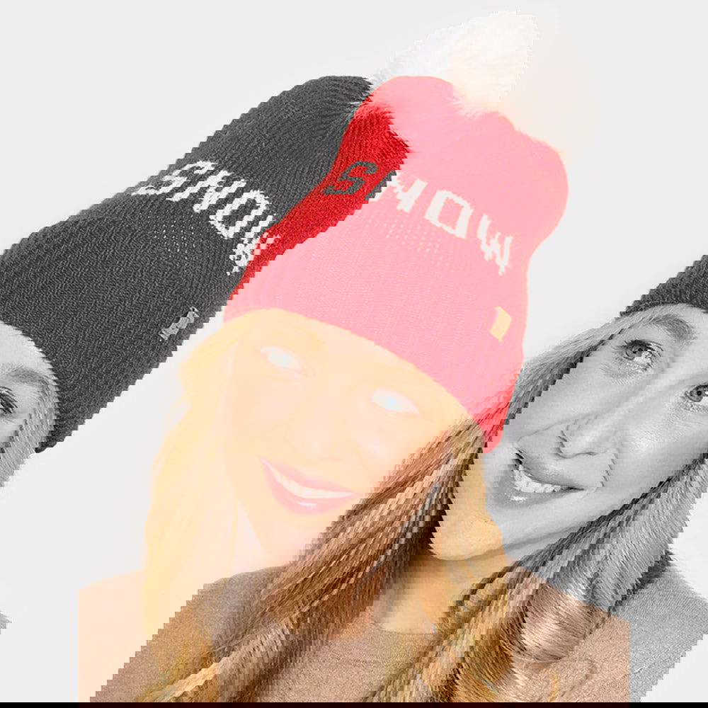 Red Snow Message Faux Fur Pom Pom Cable Knit Beanie Hat - Winter Warm Knitted Cap for Women & Men - Perfect for Skiing, Snowboarding & Cold Weather Fashion