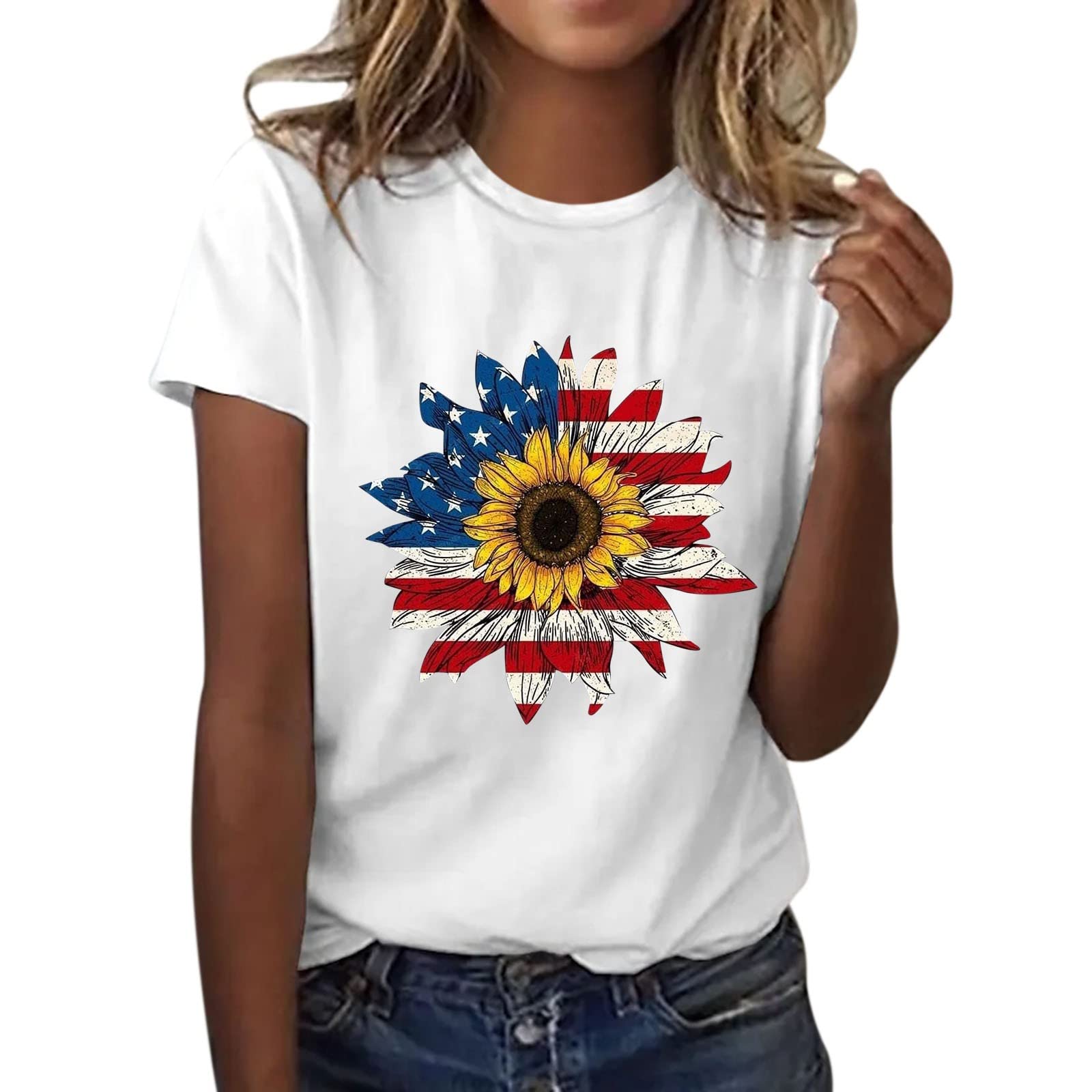 Women's Short Sleeve Sunflower Print Round Neck Athletic T-Shirt - Casual Summer Tee for Outdoor Activities, Yoga & Beach Wear
