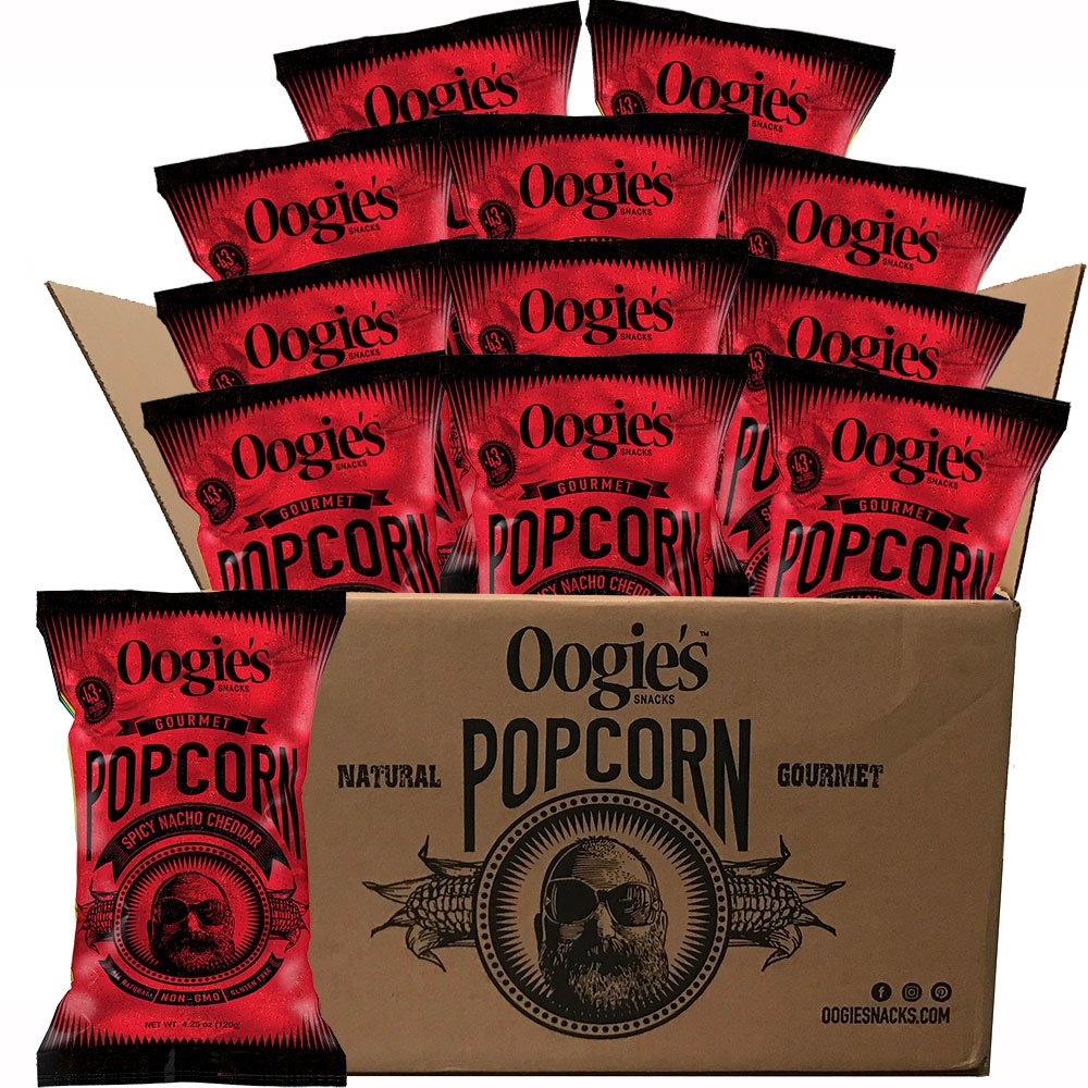 Oogie's Gourmet Popcorn - 12 Pack Spicy Nacho Cheddar Flavor | Gluten Free, Non-GMO Popcorn Snacks | 4.25oz Big Bags | Perfect for Movie Nights, Parties & Office Snacking