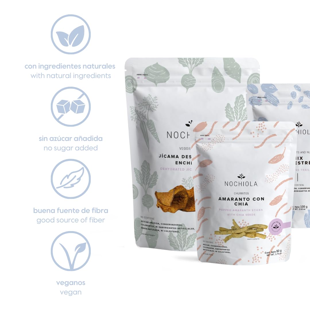 Nochiola Healthy Snacks Variety Pack - 10 Pack Vegan Mexican Snacks with Veggie Chips, Dried Fruits, Trail Mix & Amaranth Churritos | Gluten-Free, Non-GMO | Perfect for Office, School, Hiking & Road Trips