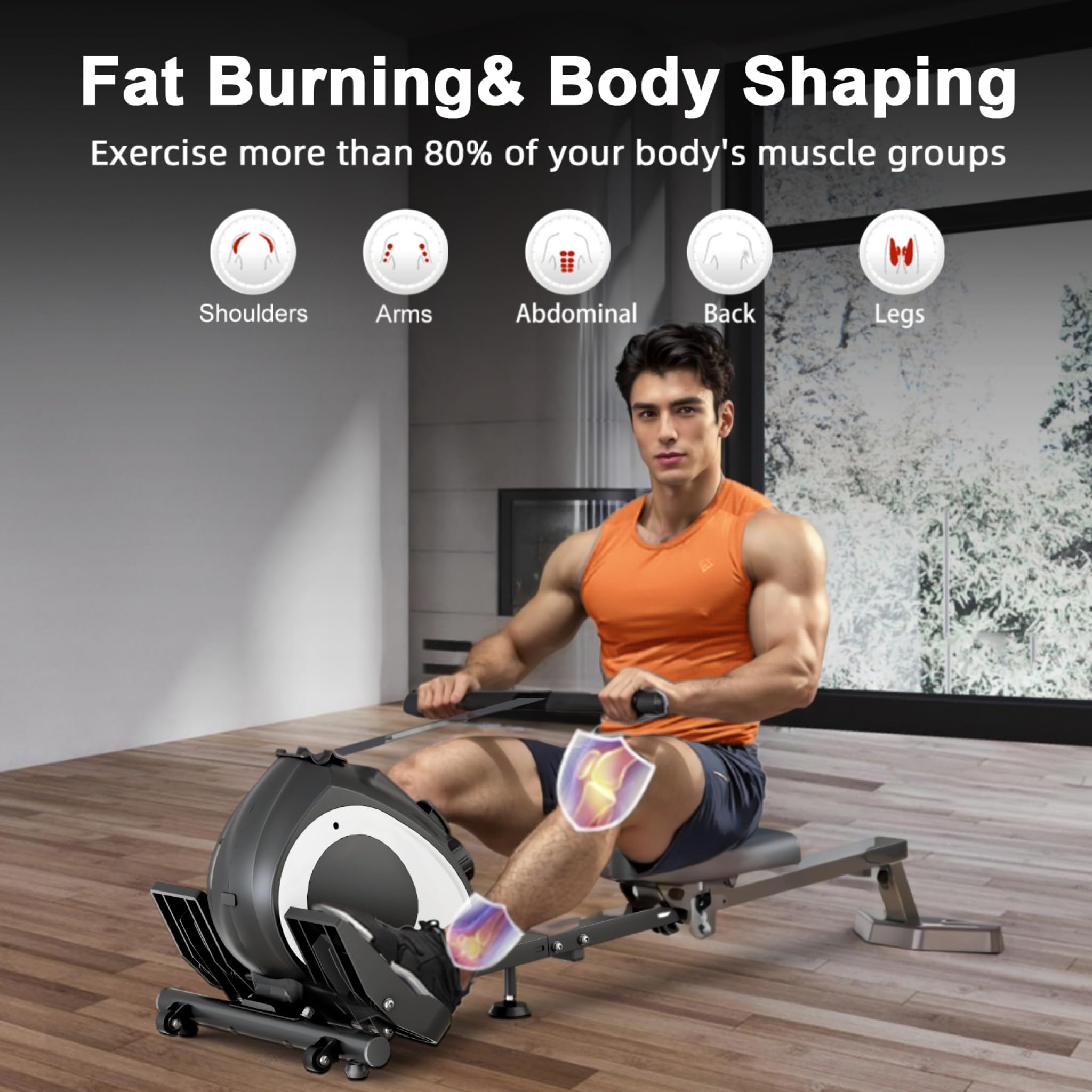 Adjustable 8-Speed Magnetic Rowing Machine for Home Workout - 300 LBS Weight Capacity, Fat Burning & Muscle Sculpting, Phone/Tablet Holder - Perfect for Small Spaces & Full-Body Training