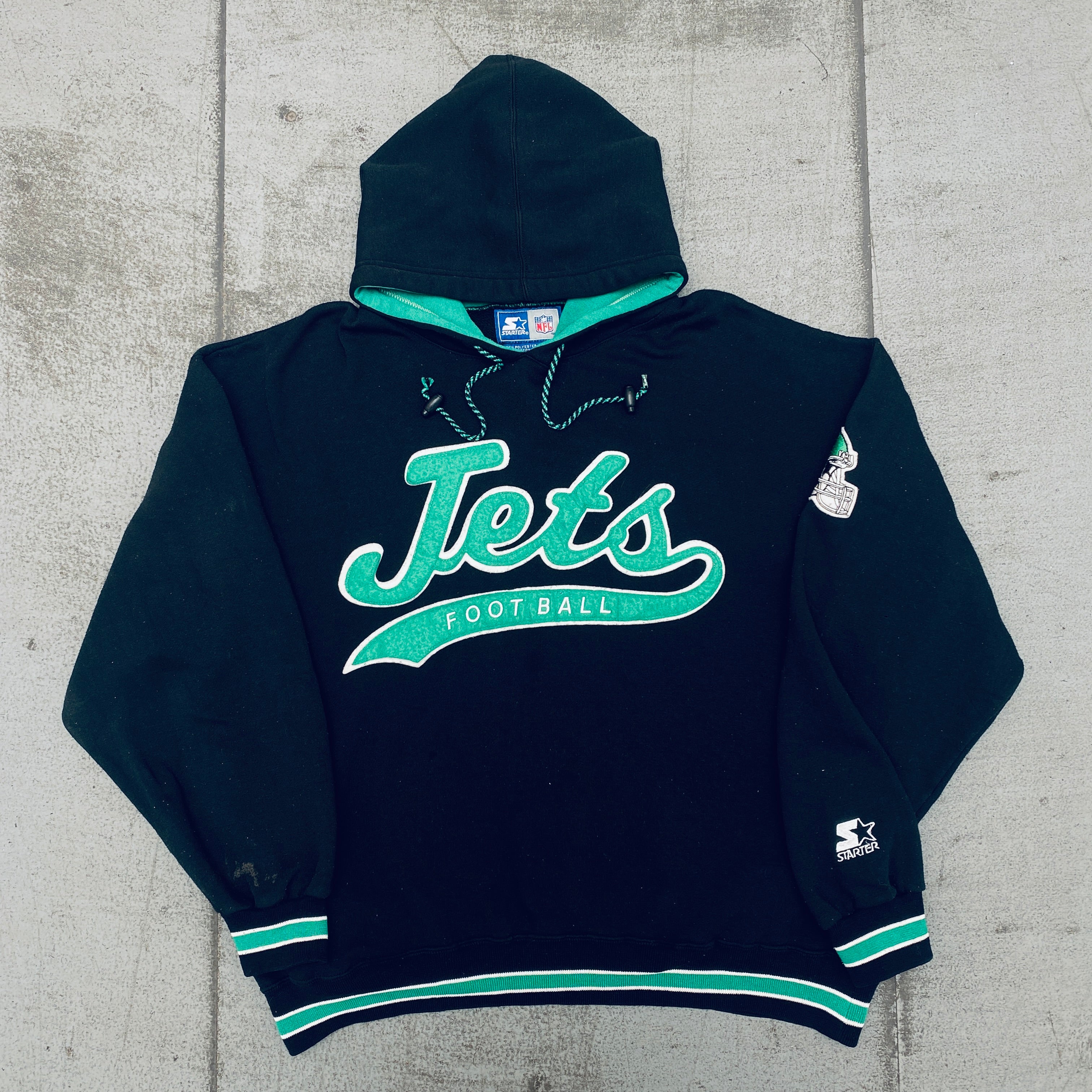 New York Jets 1990s Vintage Stitched Script Spellout Starter Hoodie - Large/XL - Retro NFL Fan Gear for Game Day & Casual Wear