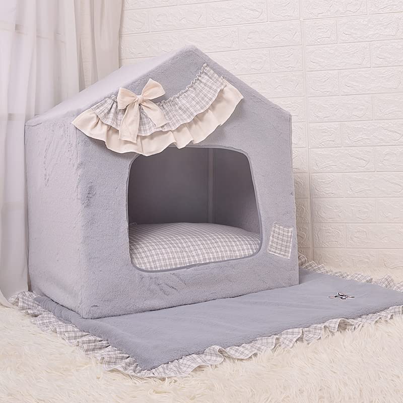Handmade Princess Pet Bed for Small Dogs & Cats - Cozy Washable Sofa Cushion with Removable Cover, Warm Frame Tent House (Grey Grid, Medium) - Perfect for Indoor Lounging & Winter Snuggles