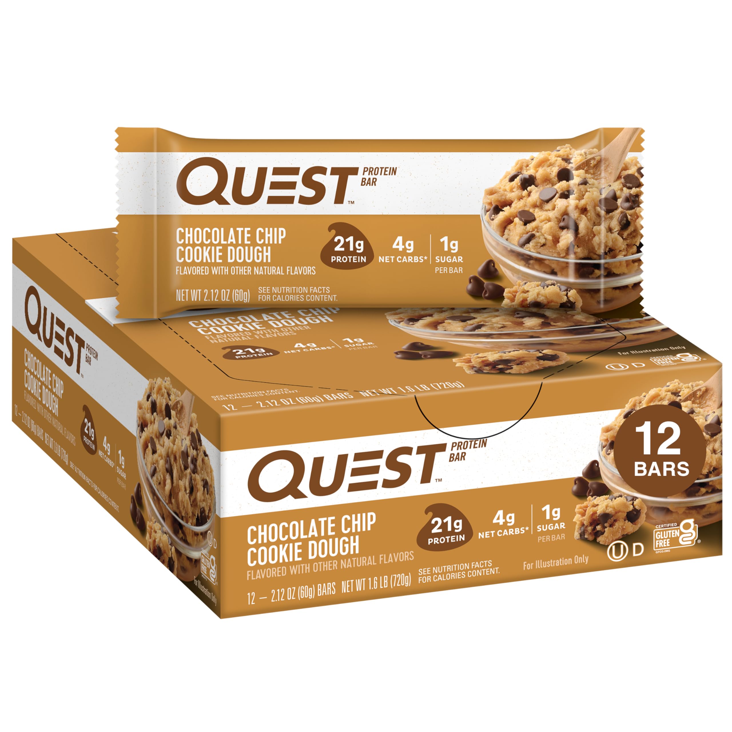 Quest Nutrition Chocolate Chip Cookie Dough Protein Bars - 12 Pack | 21g Protein, 1g Sugar, 4g Net Carbs | Gluten Free, Keto Friendly Snacks | Perfect for Workouts, Travel & On-the-Go Nutrition