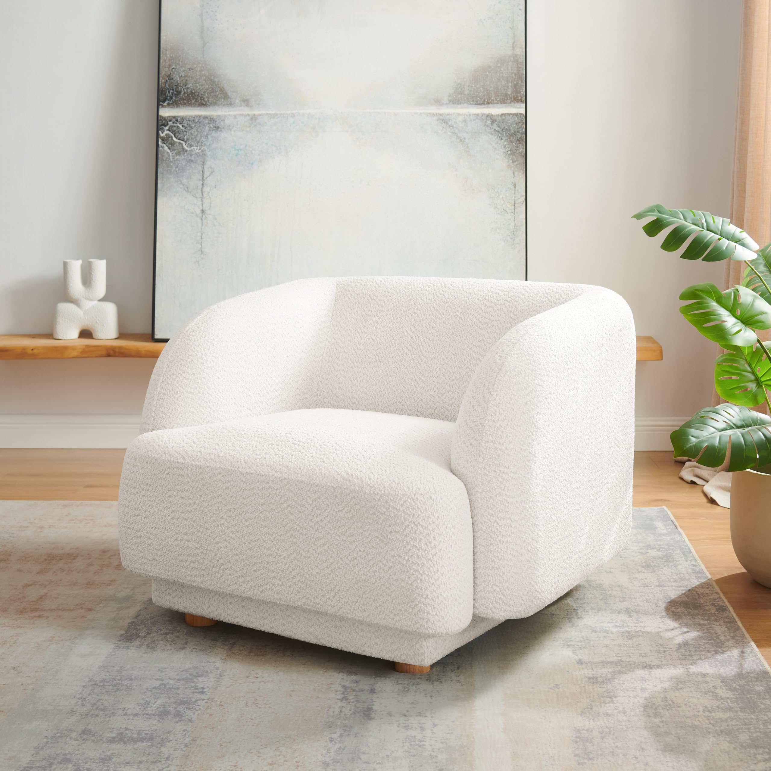 Modern Oversized Accent Barrel Chair - Comfy Upholstered Armchair with Wooden Legs for Living Room, Bedroom, Office & Waiting Room - Perfect for Relaxation, Reading & Home Decor (White)