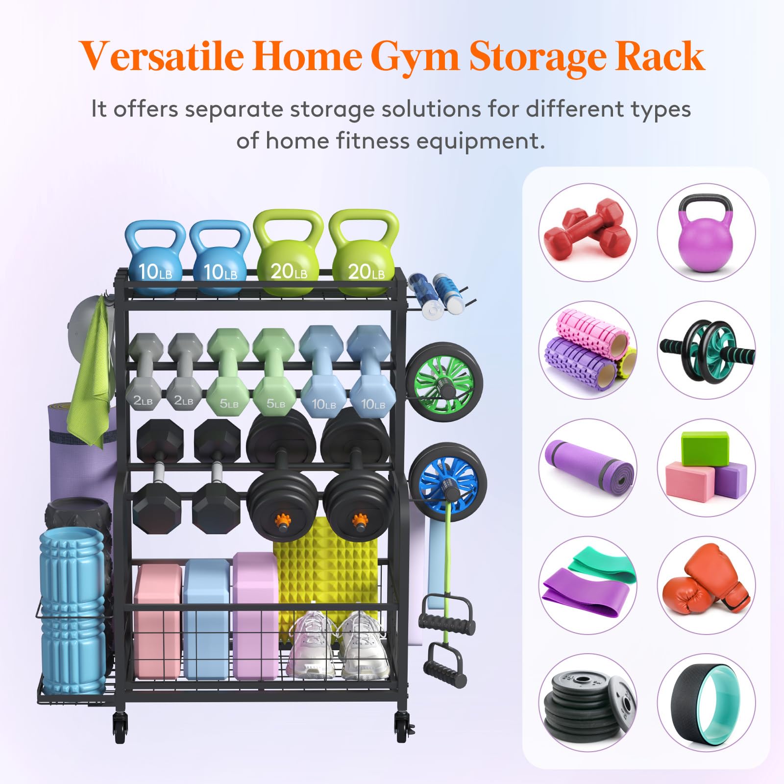 Lifewit Adjustable Weight Rack for Home Gym - Heavy Duty Dumbbell & Kettlebell Storage Organizer with Wheels, Yoga Mat Holder - Perfect for Strength Training & Home Workout Equipment Organization