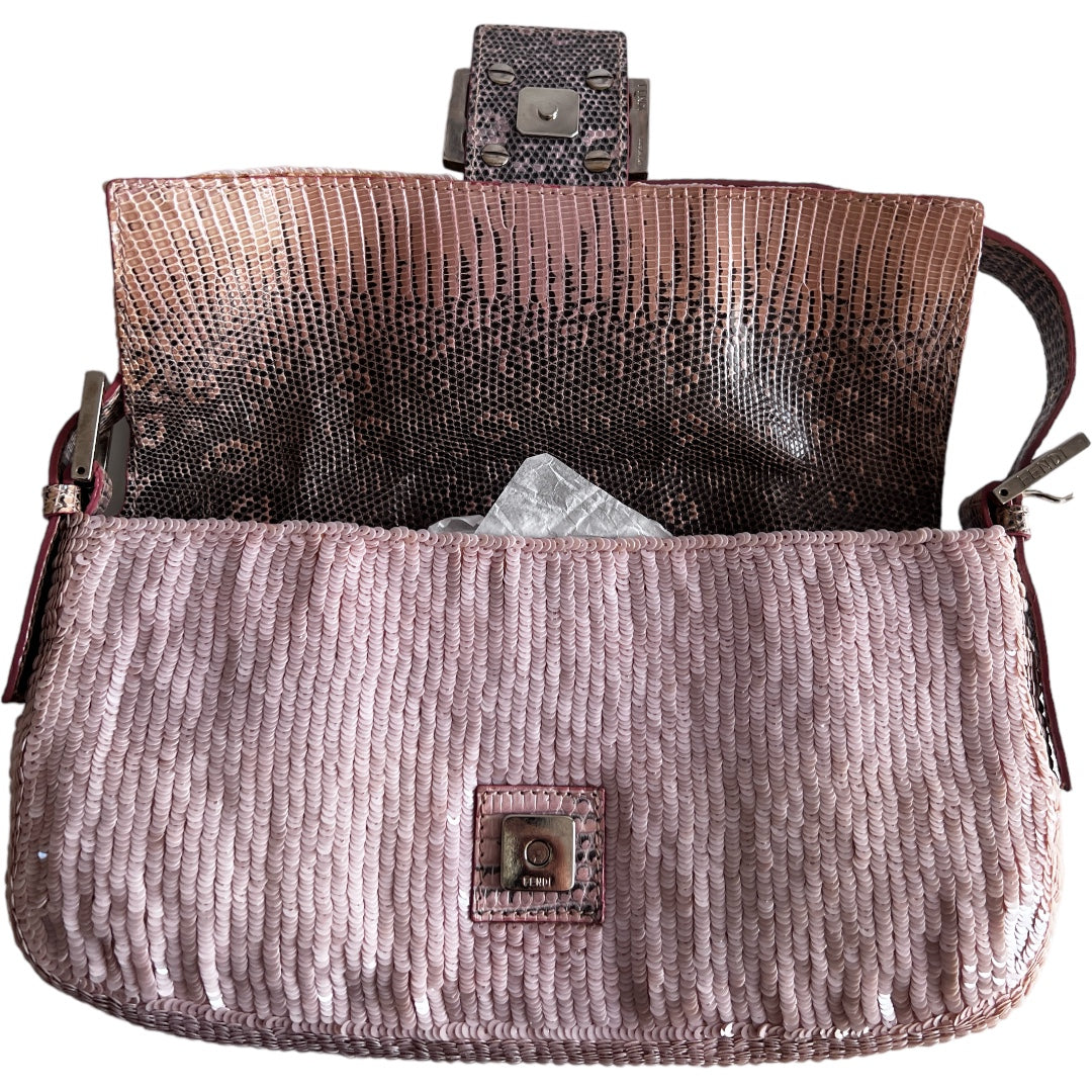 Vintage Fendi Sakura Pink Sequin Baguette Bag - Luxury Designer Shoulder Purse for Women, Perfect for Evening Parties & Special Occasions