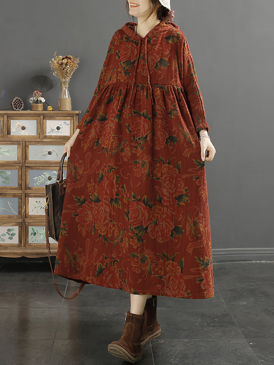 Plus Size Women's Retro Floral Print Shirred Loose Fit Hooded Dress - Casual Summer Outfit for Beach, Vacation & Street Style