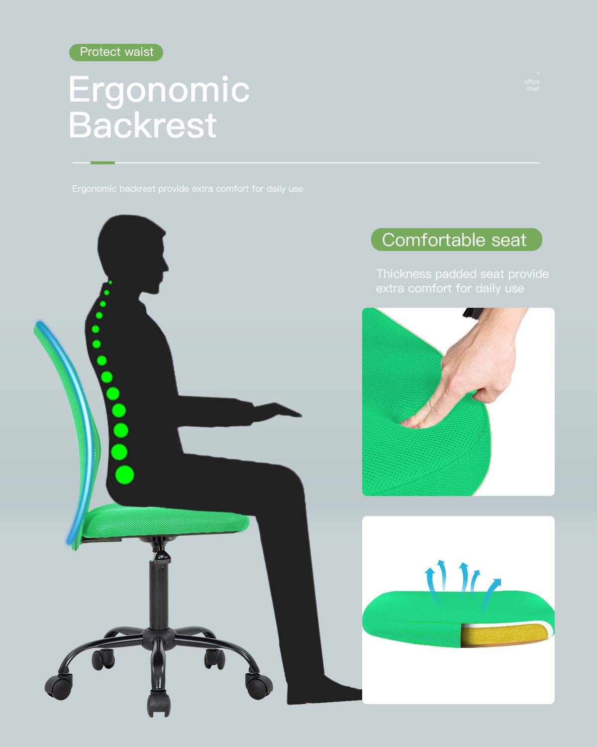 Ergonomic Mesh Office Chair - Adjustable Armless Computer Desk Chair with Swivel & Rolling Wheels for Home Office, Working & Meetings - Green (Ideal for Long Hours of Comfortable Sitting)