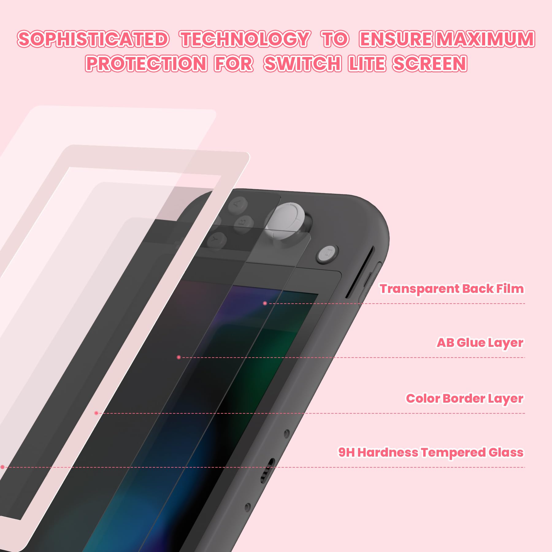 eXtremeRate Tempered Glass Screen Protector for Nintendo Switch Lite - Anti-Scratch & Anti-Fingerprint HD Clear Bubble-Free with Pink Border - Perfect for Gaming Protection & Travel Use