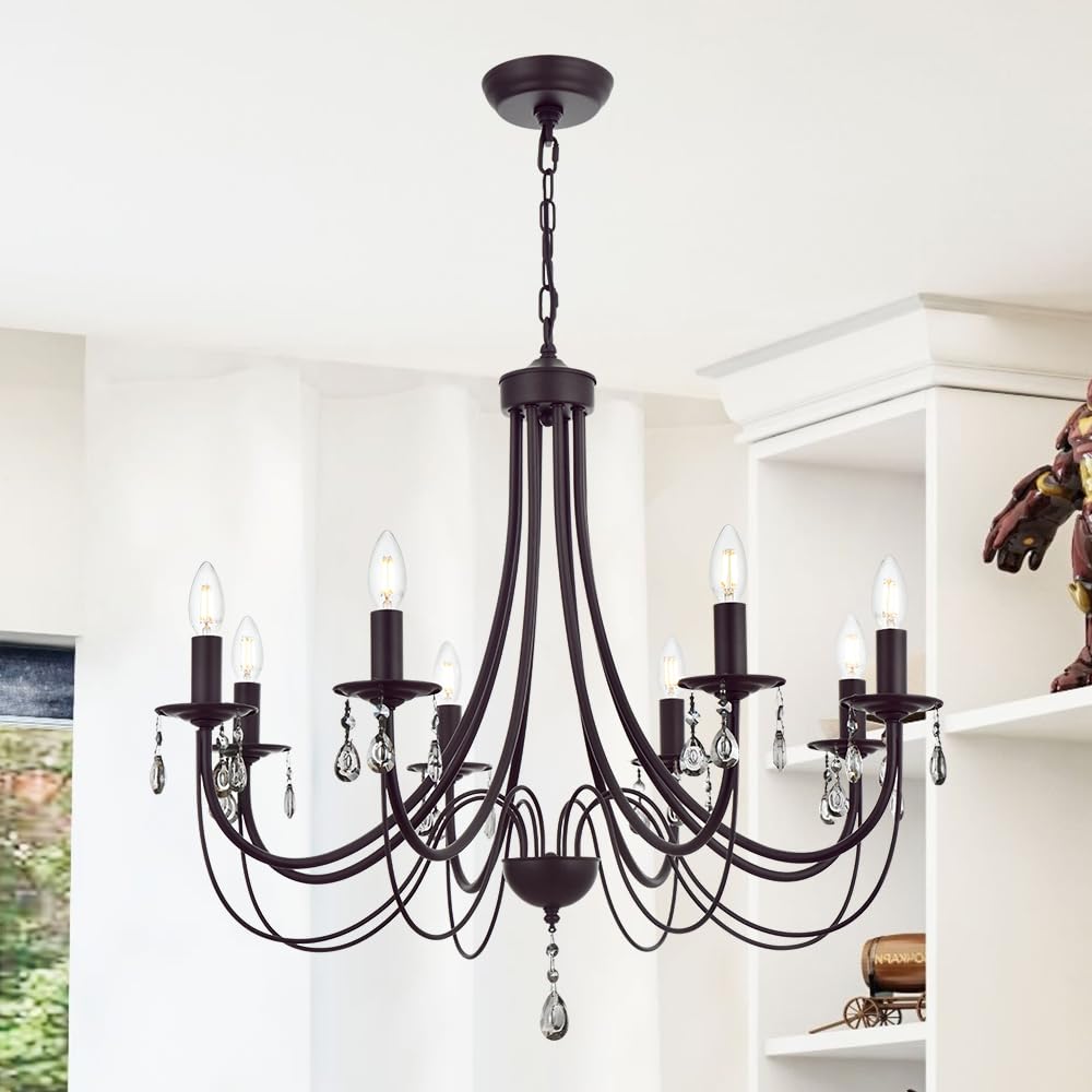 Farmhouse Chandelier 8-Light Oil Rubbed Bronze Pendant Light Fixture - Modern Crystal Ceiling Lighting for Dining Room, Kitchen Island & Entryway - Rustic Elegant Home Decor