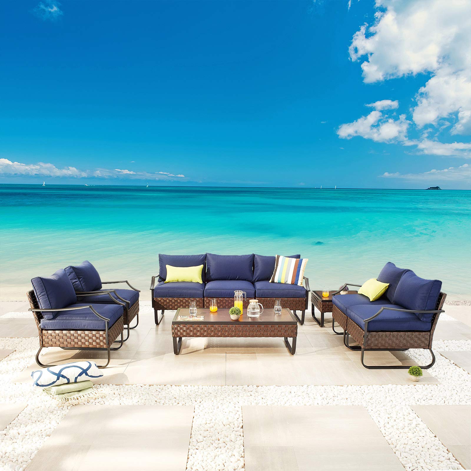 9-Piece Outdoor Patio Conversation Set - All-Weather PE Rattan Sectional Sofa, Loveseat, Chaise Lounge & Coffee Table with Removable Cushions (Blue) - Perfect for Backyard, Garden, Poolside & Terrace Relaxation