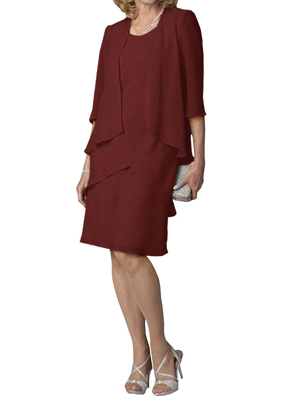 Elegant Mother of The Bride Dresses - Short Chiffon Evening Gown with 3/4 Sleeve Jacket & Tiered Skirt for Wedding, Cocktail Party & Formal Occasions