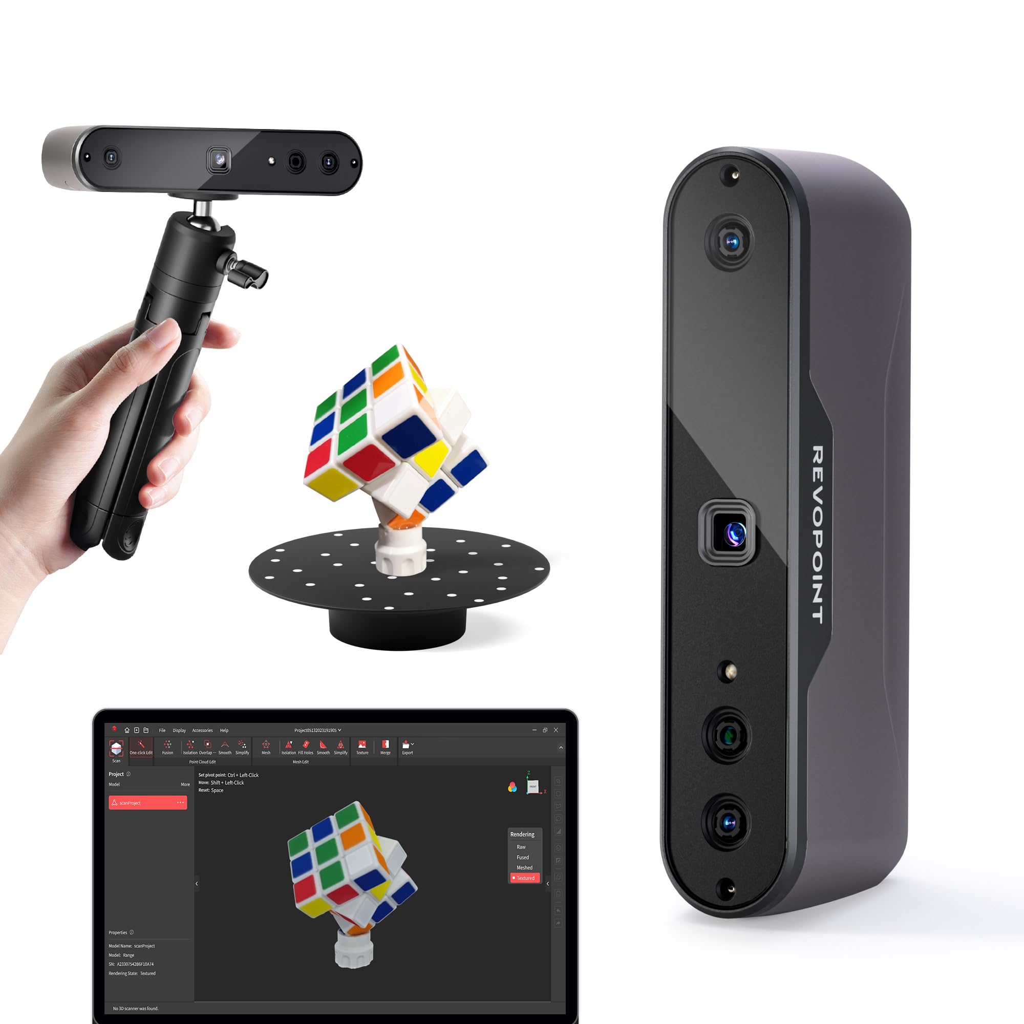 Revopoint Inspire Handheld 3D Scanner for 3D Printing - 0.2mm High Precision, Full Color Scanning - Compatible with Android, iOS, Mac & Windows - Perfect for Car Customization, Digital Art, DIY Projects, 3D Modeling & Prototyping