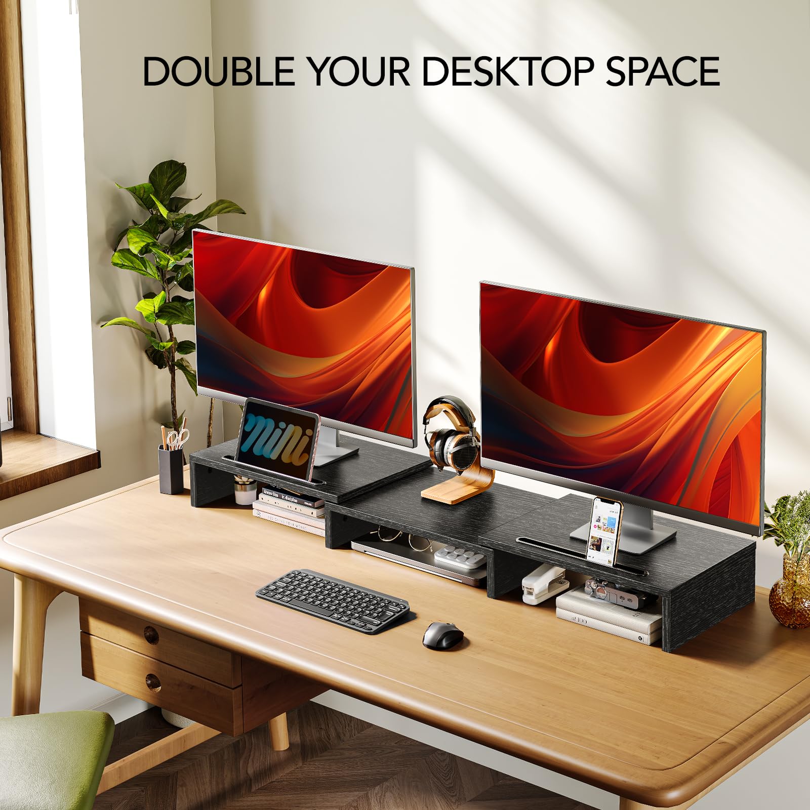 AMERIERGO Dual Monitor Stand Riser for 2 Monitors - Adjustable Desk Mount with 2 Slots - Multifunctional Desktop Organizer for Laptop, PC, Computer & Printer - Perfect for Home Office, Gaming Setup & Workspace Organization
