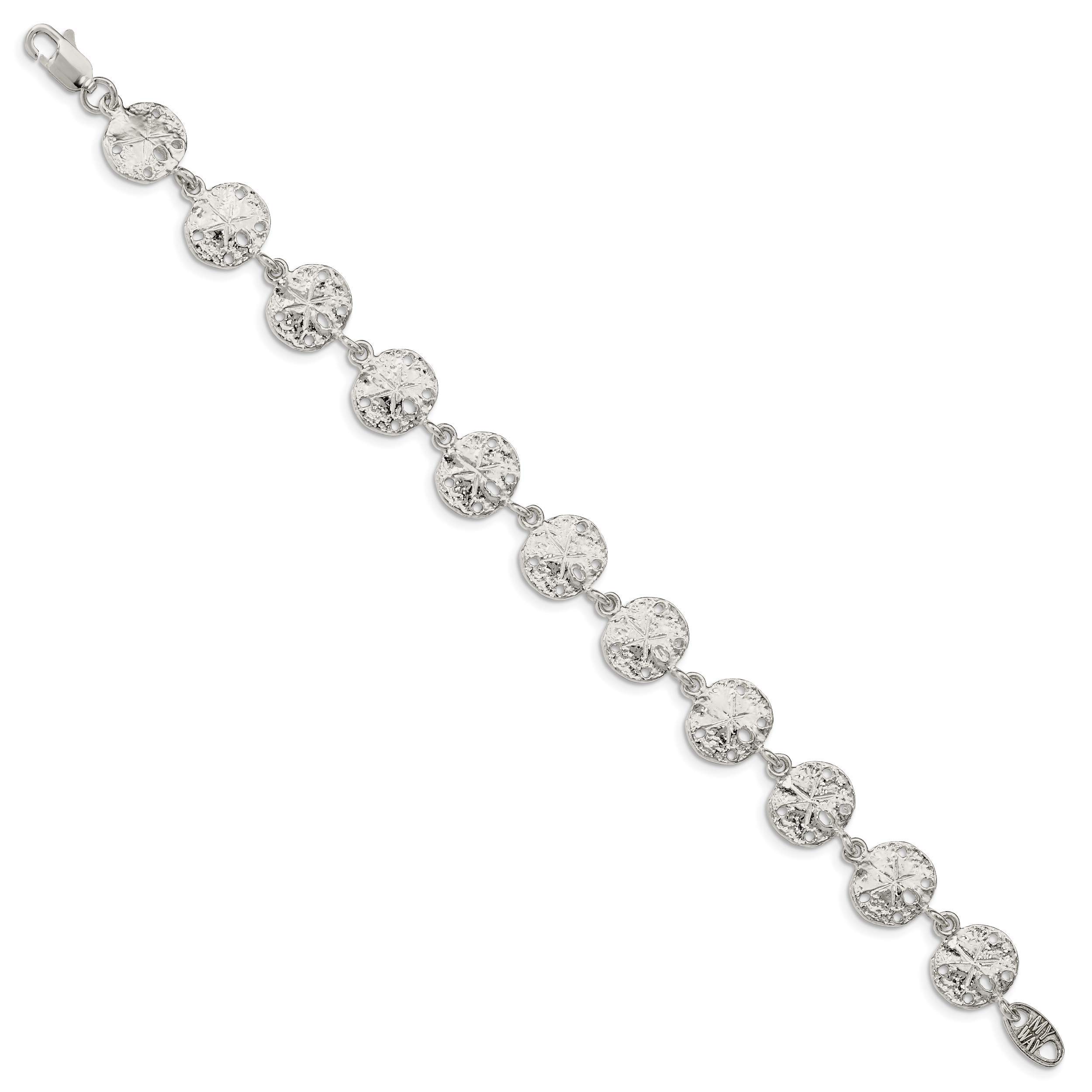 Polished 925 Sterling Silver Solid Sand Dollar Link Bracelet - 7 Inch Adjustable Beach Jewelry for Women, Perfect for Summer Vacations & Coastal Fashion