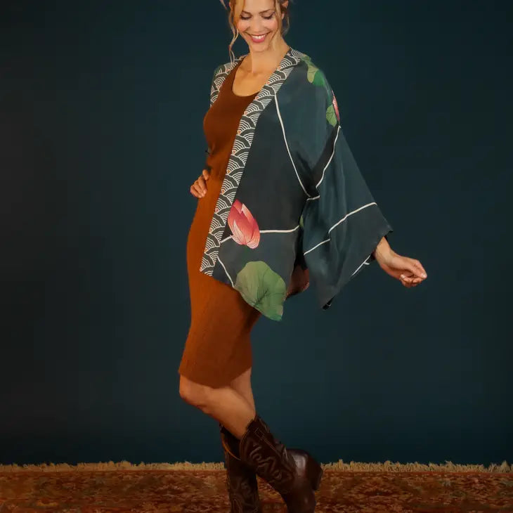 Elegant Crane At Sunrise Kimono Jacket - Japanese Floral Print Lightweight Cover Up for Women | Perfect for Beach, Yoga, and Summer Outfits