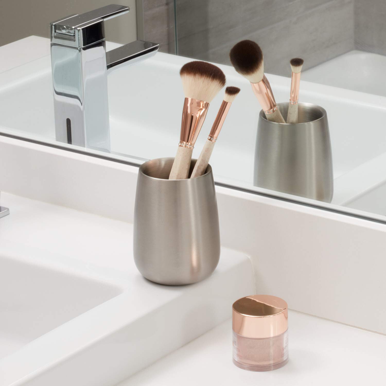 iDesign Nogu Metal Tumbler Cup - Brushed Stainless Steel Organizer for Makeup Brushes, Toothbrushes, Pens & Glasses | Bathroom Vanity, College Dorm, Office Desk (3.25