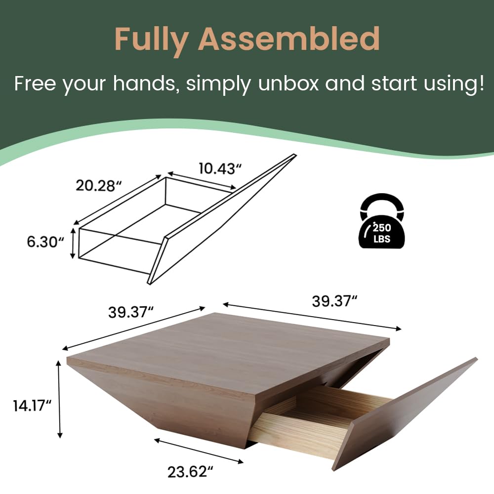 Modern Square Coffee Table with Storage Drawers - 39.4