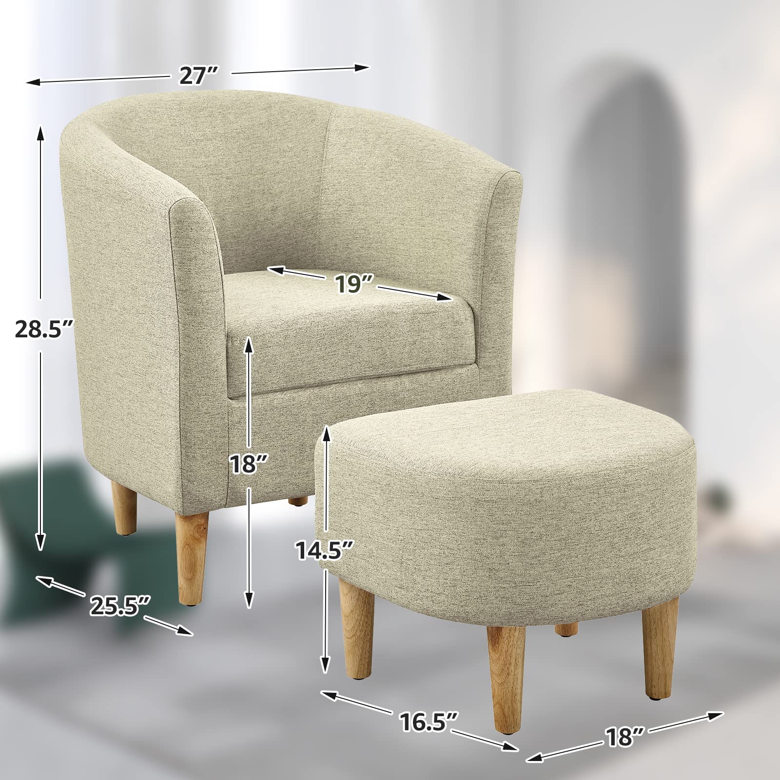 Mid Century Modern Accent Chair with Ottoman - Barrel Club Tub Sofa for Living Room & Bedroom, Upholstered Comfy Armchair & Footrest Set (Beige, Set of 1) - Perfect for Reading Nook, Lounge & Home Decor
