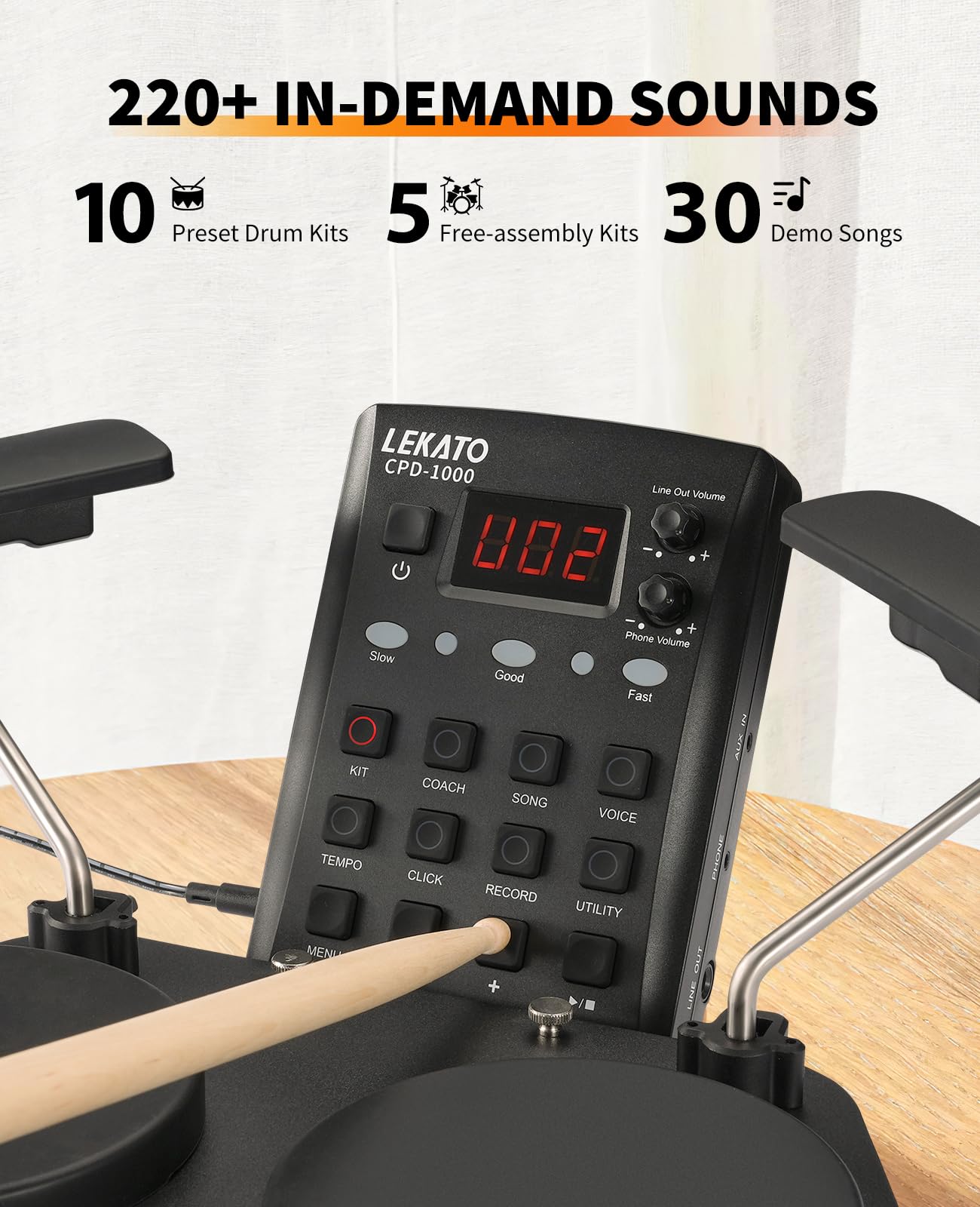 LEKATO Electronic Drum Set - Portable Electric Drum Kit for Beginners with Quiet Mesh Snare Pads, 220+ Sounds, USB MIDI, 2 Switch Pedals, Drum Sticks & Travel Bag - Perfect for Home Practice, Studio Recording & Live Performances