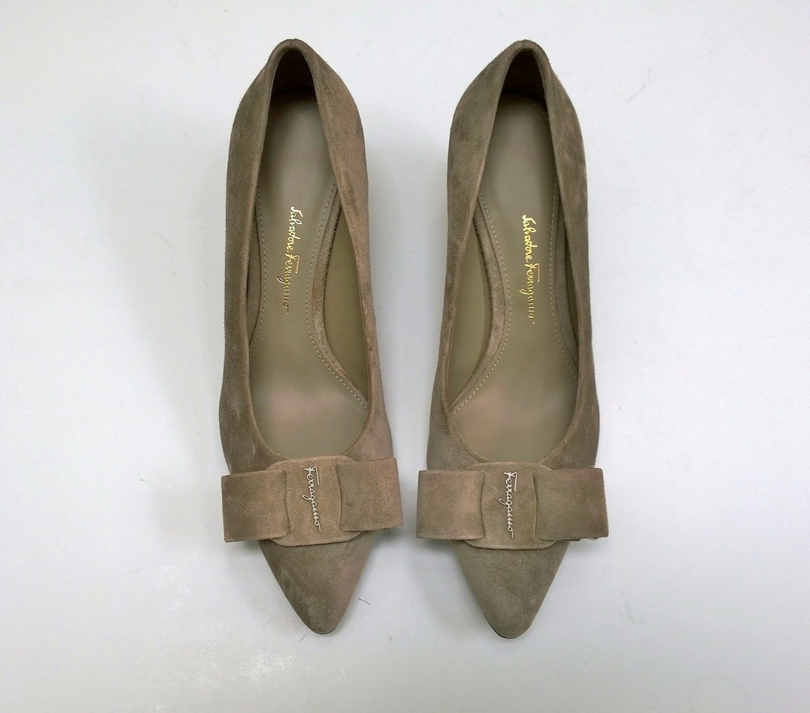 Ferragamo Viva Bay Leaf Khaki Suede 55mm Heels Women's Size B Width - New in Box - Perfect for Office, Wedding & Evening Events