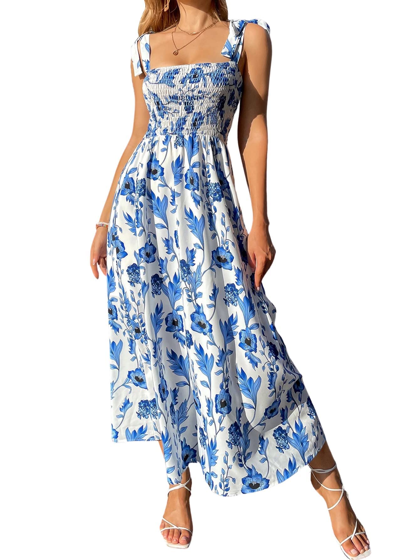 Women's Floral Maxi Sundress - Blue and White Summer Beach Dress for Vacation 2025 | Casual Wear, Poolside Lounging, Outdoor Parties