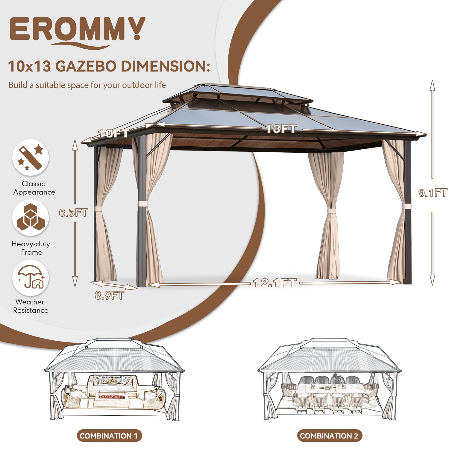 EROMMY 10X13 Gazebo with Polycarbonate Double Roof - Outdoor Patio Canopy for Backyard, Garden & Poolside Relaxation