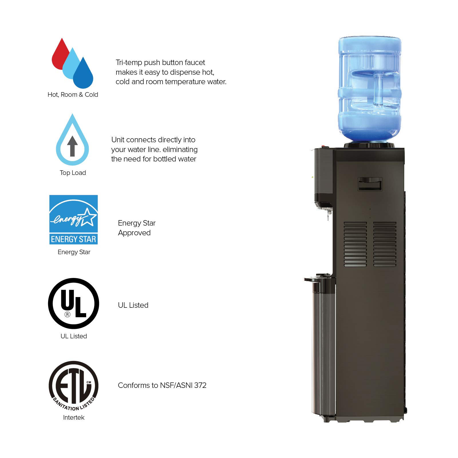Brio Limited Edition Top Loading Water Cooler Dispenser - Black Stainless Steel - Hot & Cold Water Dispenser with Child Safety Lock - 3/5 Gallon Bottle Capacity - UL/Energy Star Certified - Perfect for Home, Office, and Kitchen Use