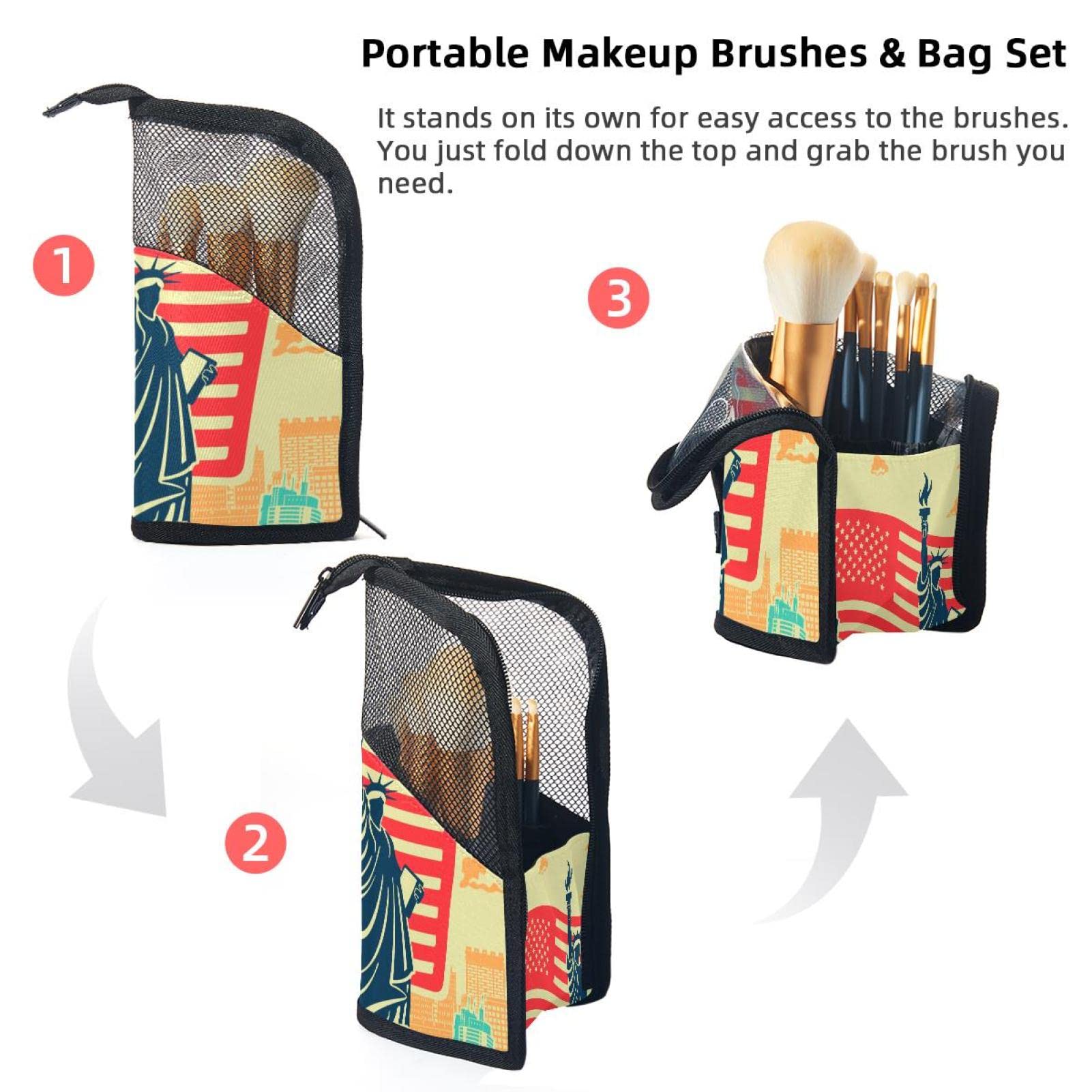 Portable Makeup Brush Organizer Bag with 12 Brushes - Statue of Liberty Themed Cosmetic Brush Holder Case for Travel & Home Storage