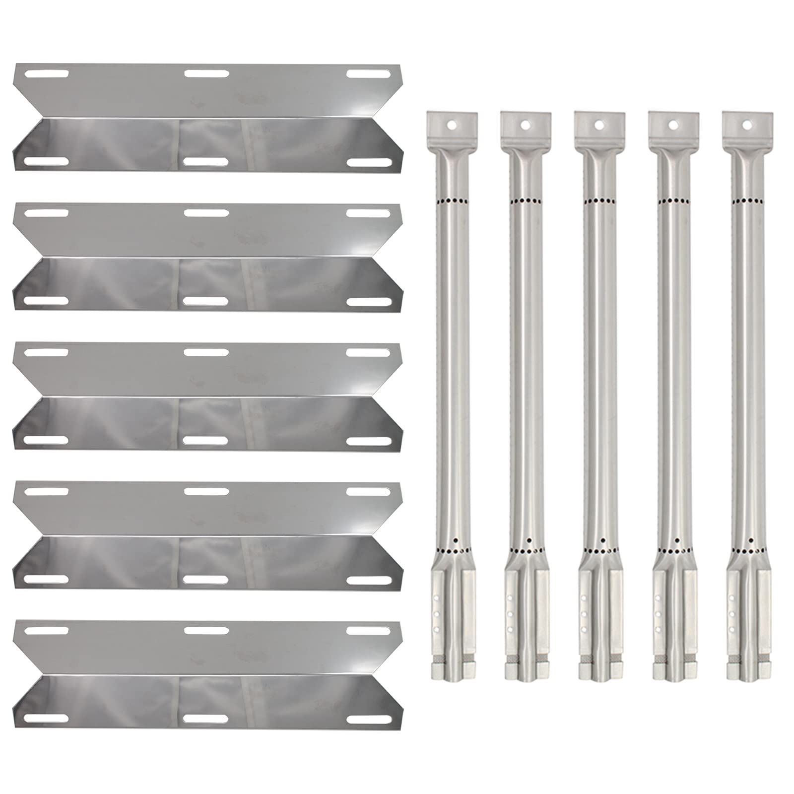 5-Pack Stainless Steel BBQ Gas Grill Tube Burners & Heat Shield Plates - Compatible with Sams 720-0584A, Replacement Burners & Flame Tamers for Gas Grills - Perfect for Backyard BBQs, Camping & Outdoor Cooking