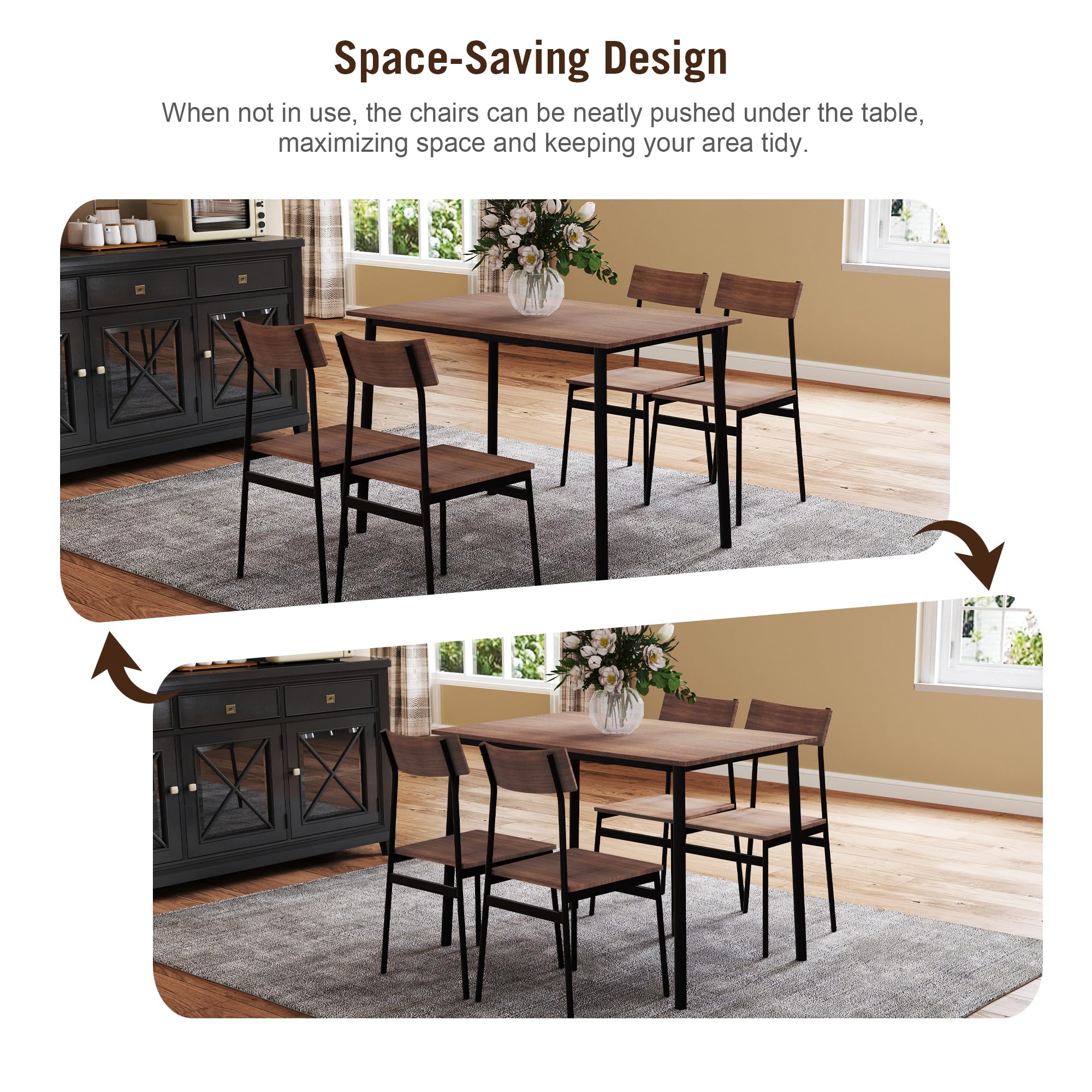 5-Piece Rustic Industrial Kitchen & Dining Set - Wooden Table & Metal Frame Chairs for 4, Brown - Perfect for Small Spaces, Farmhouse Decor & Family Meals