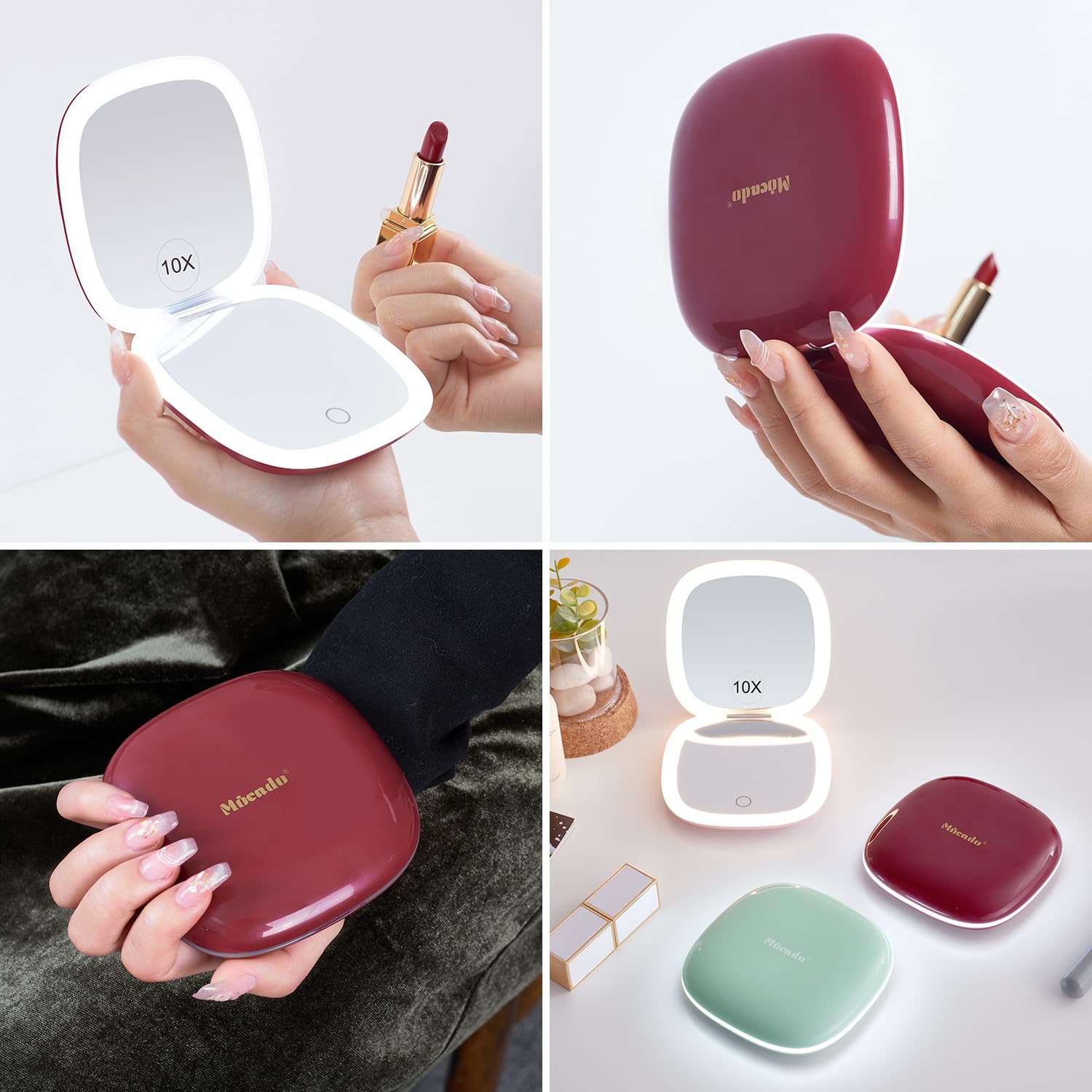 Mocado 4-Inch Compact LED Travel Makeup Mirror - 1X/10X Magnification with Dimmable Light, USB Rechargeable, Dual-Sided Portable Mirror for Purse, Pocket & Travel (Wine Red) - Perfect for Home, Office, Hotel & On-The-Go Touch Ups