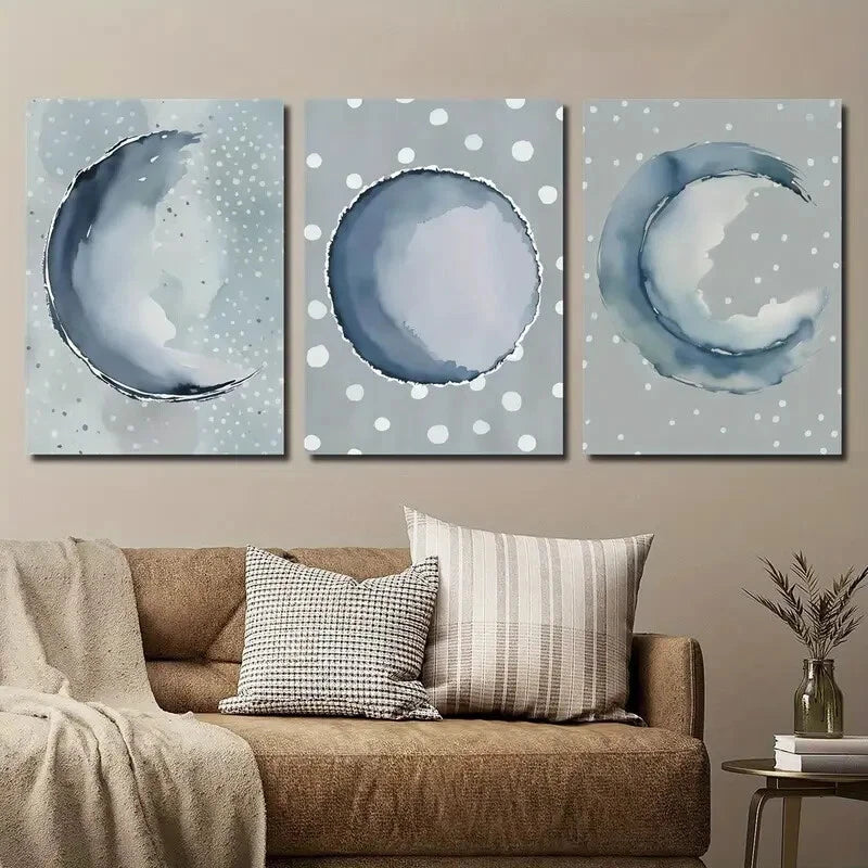 3-Piece Abstract Blue Moon Phases Indigo Sphere Metal Wall Art - Ready to Hang Home Decor for Living Room, Bedroom & Office