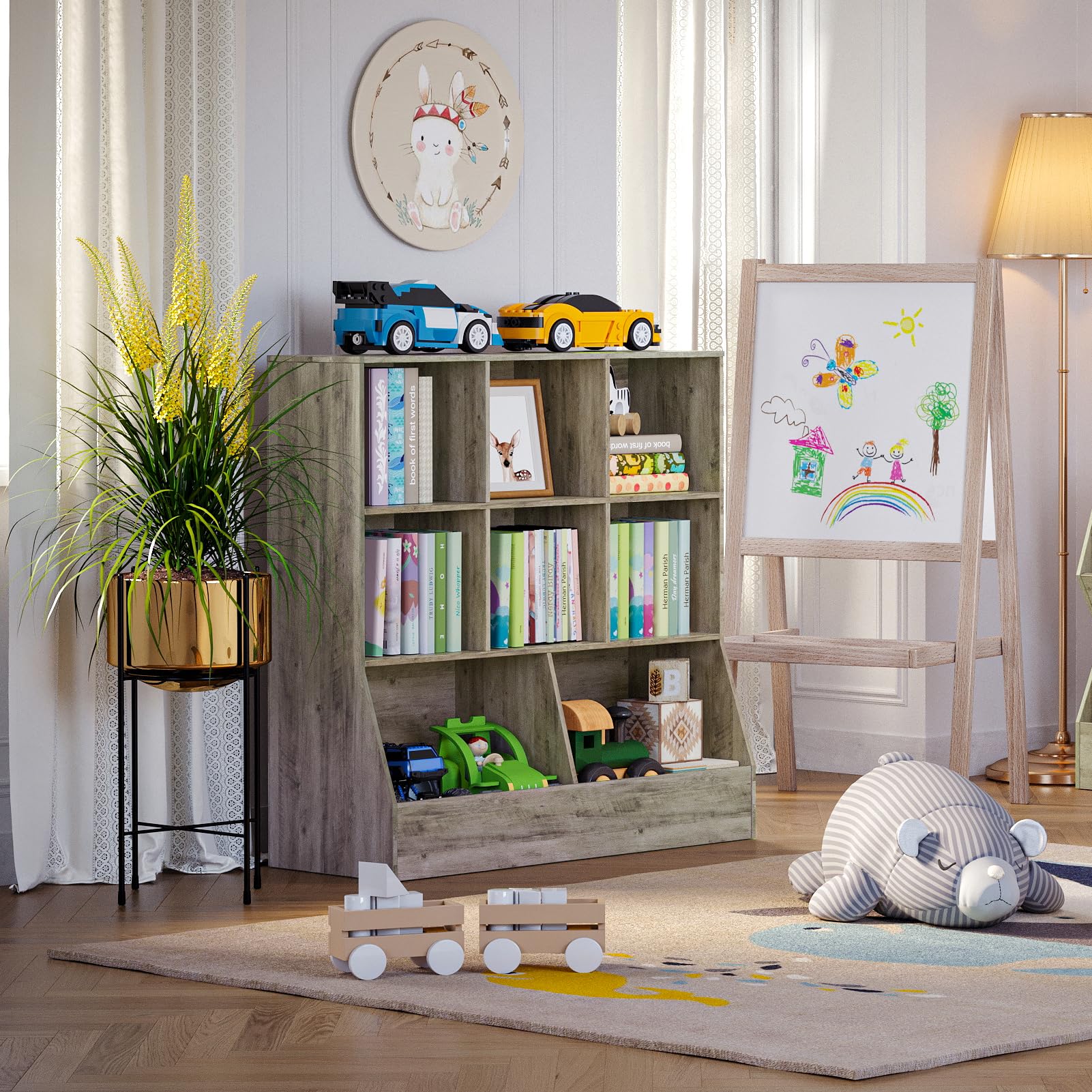 DINZI LVJ Wooden Toy Storage Organizer & Kids Bookshelf - 8-Cubby Bookcase for Toys & Books - Gray Wash 35.4