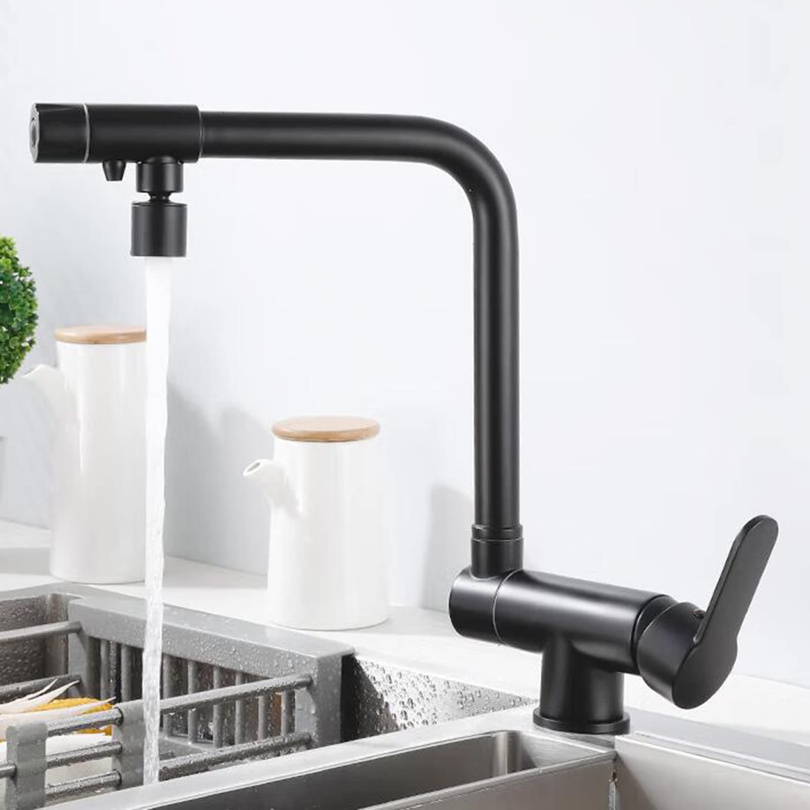 3-Way Black Brass Swivel Kitchen Faucet with Folding Spout - Perfect for Modern Farmhouse, RV, and Commercial Kitchen Sinks