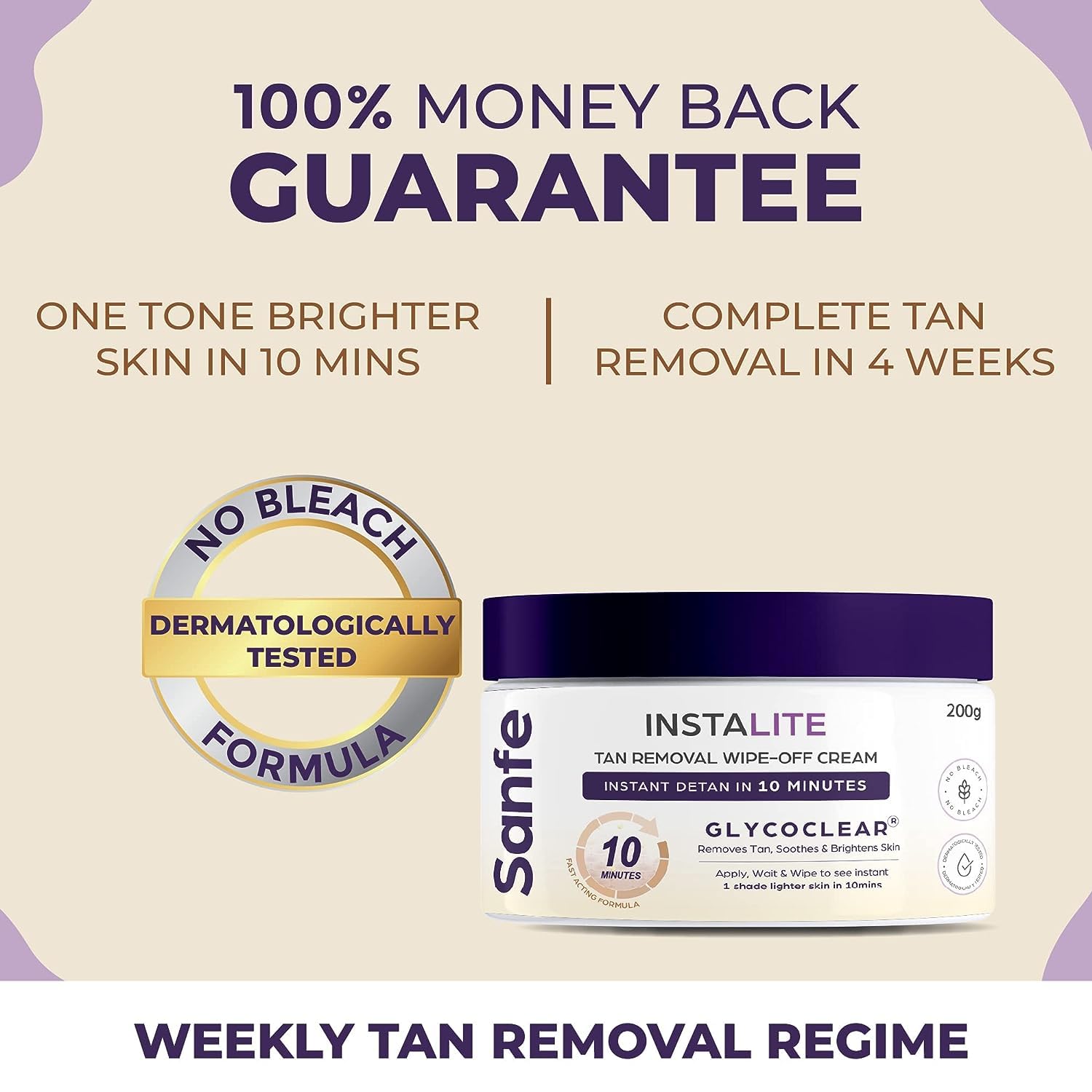 Sanfe Detan Cream Instalite Tan Removal Wipes 200gm | Glycoclear Technology for 1 Tone Brighter Skin in 10 Minutes | Legs, Arms, Underarms & Back Tan Removal | Glowing Skin Care | Perfect for Beach, Pool & Outdoor Activities