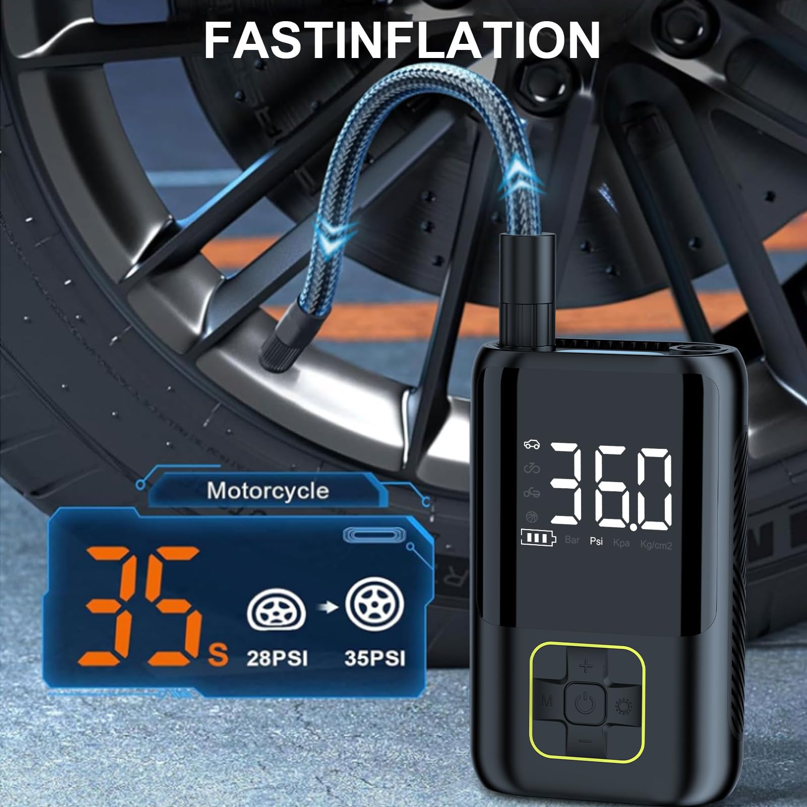 Portable Tire Inflator Air Compressor - 150PSI Digital Air Pump for Car, Motorcycle, Bike Tires with Pressure Gauge | Fast Inflation for Road Trips, Emergency Flat Tires & Home Garage Use