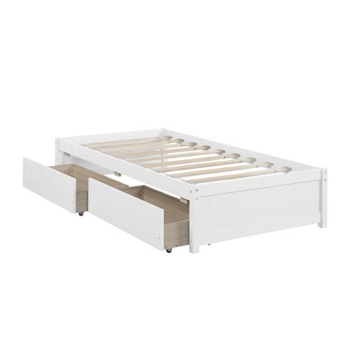Merai Wood Twin Bed Frame with 2 Storage Drawers - White Modern Platform Bed with Underbed Storage - Perfect for Kids Rooms, Guest Bedrooms & Small Spaces