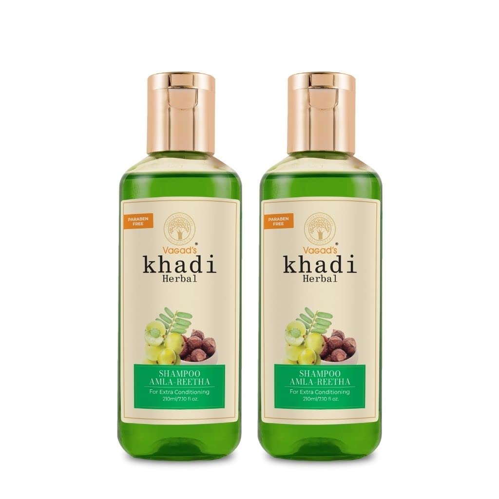 Vagad's Khadi Amla Reetha Shampoo 210ml - Paraben & Silicone Free, Extra Conditioning Hair Care (Pack of 2) | Natural Ayurvedic Shampoo for Dry, Damaged Hair & Scalp Nourishment | Perfect for Daily Use & Hair Repair