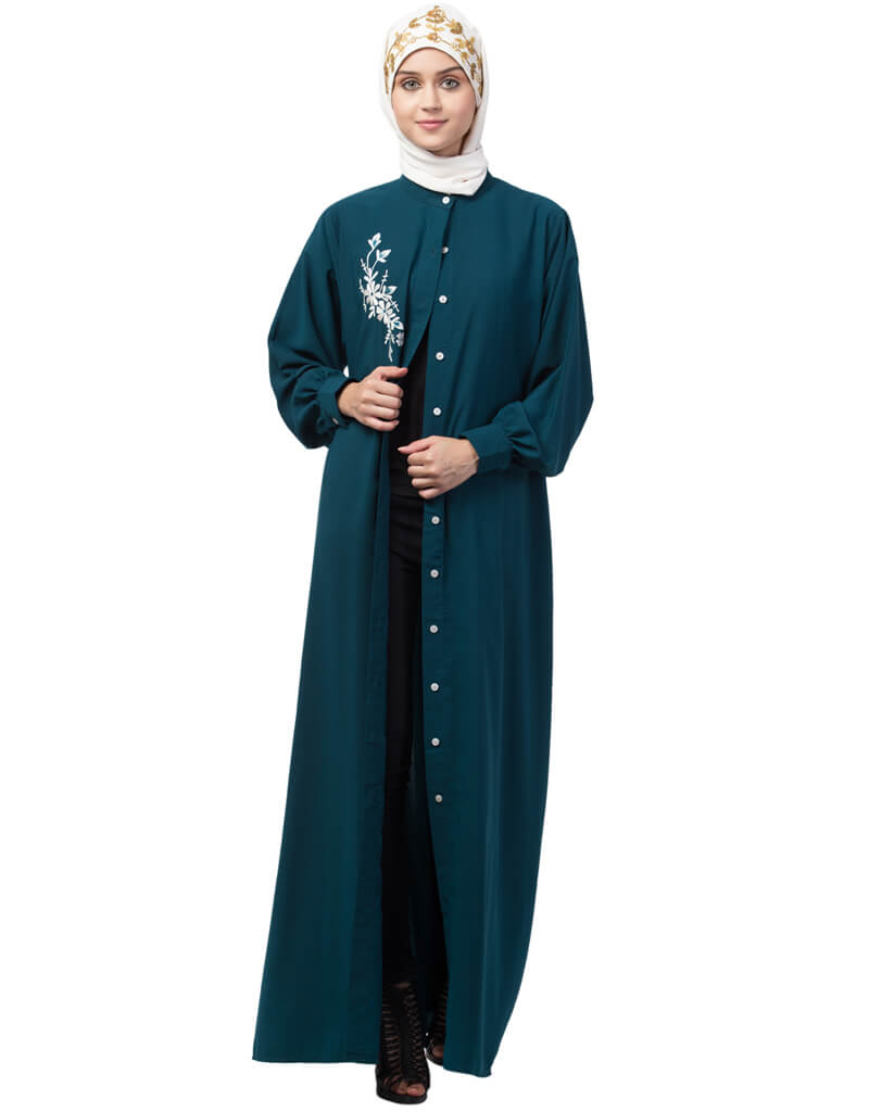 Elegant Teal Arabic Front Open Side Embroidered Contrast Button Abaya Dress for Women - Perfect for Eid, Weddings & Special Occasions