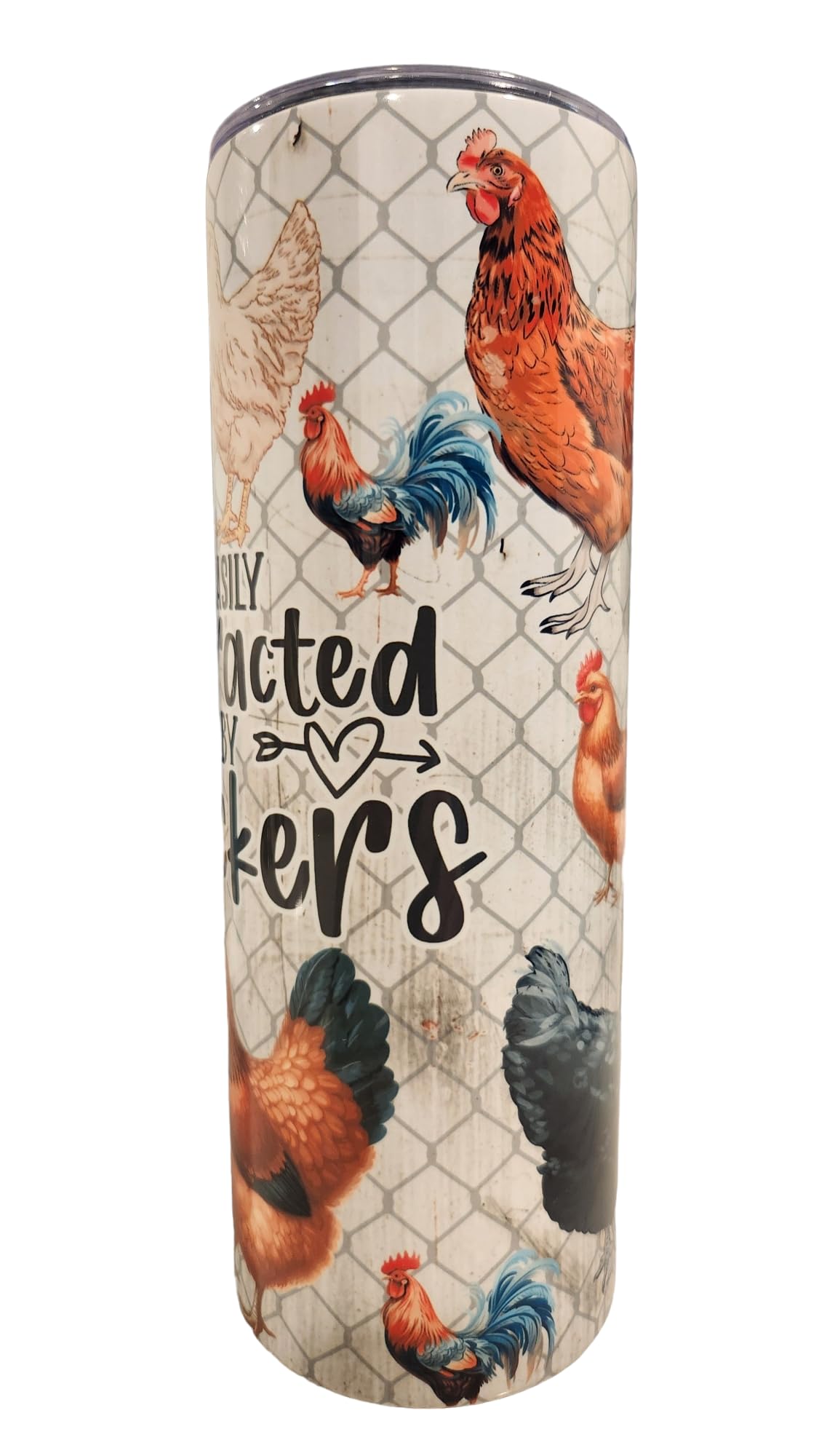 Funny Farm Country Theme Chicken Easily Distracted By Peckers 20oz Stainless Steel Skinny Tumbler - Insulated Travel Mug for Coffee, Tea & Water - Perfect for Office, Commuting & Outdoor Adventures