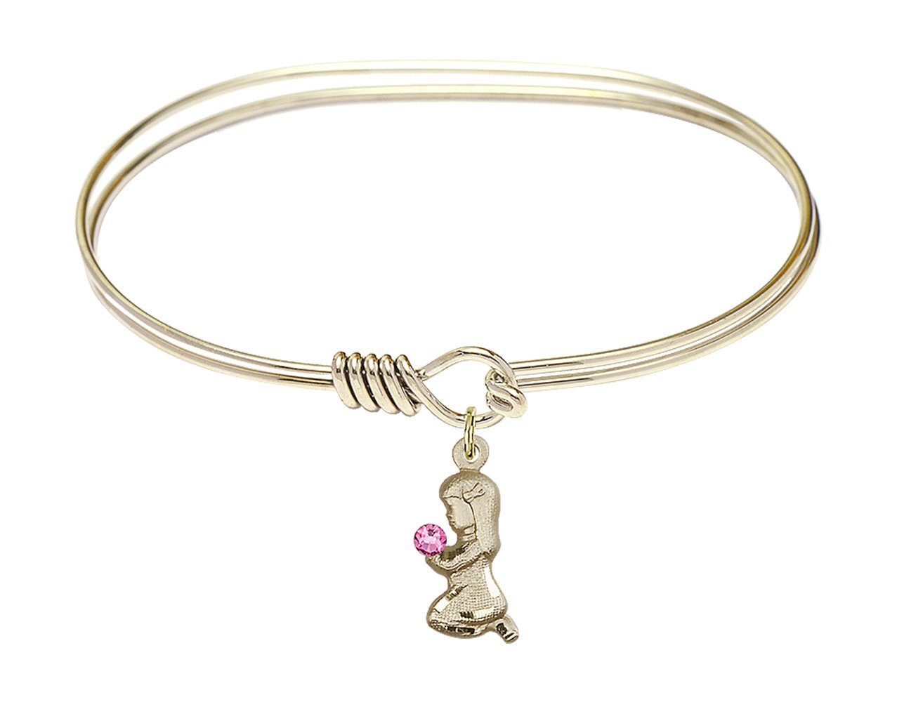 7 Inch Oval Eye Hook Bangle Bracelet with Praying Girl Medal Charm & Rose Crystal - Elegant Jewelry for Women, Gift for Baptism, First Communion, Confirmation, Church Events